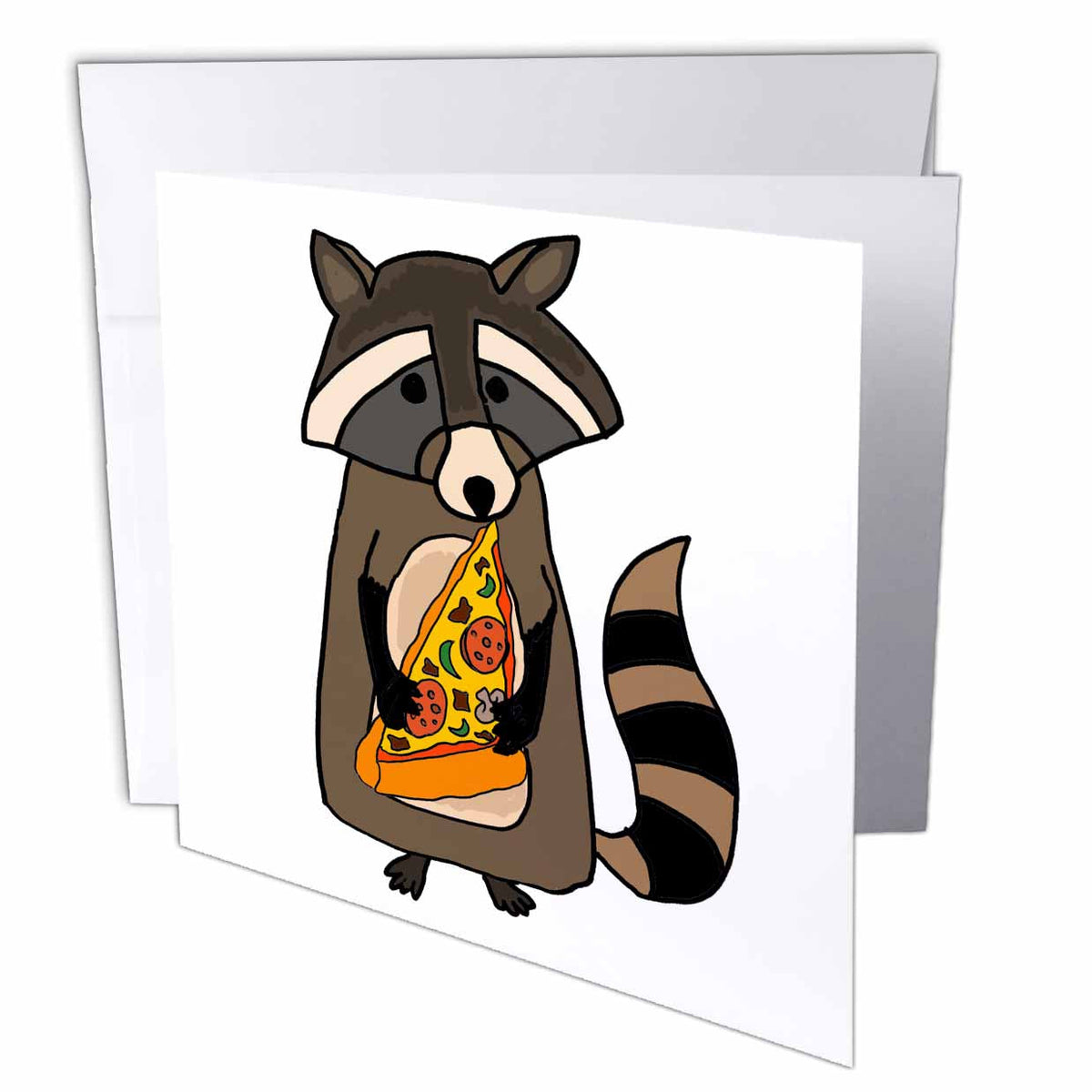 3dRose All Smiles Art Animals - Funny Cute Raccoon Eating Pizza Slice - Greeting Cards
