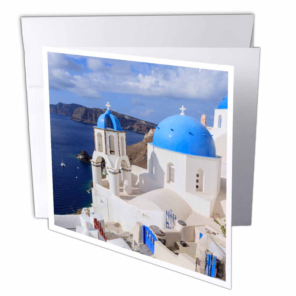 3dRose Danita Delimont - cities - Traditional Blue Roofed Churches and homes, Santorini. Greece. - Greeting Cards