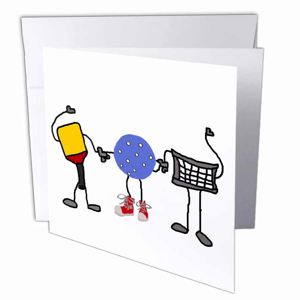 3dRose Funny Pickleball Paddle, Ball, and Net Cartoon Characters - Greeting Cards (gc_263839)
