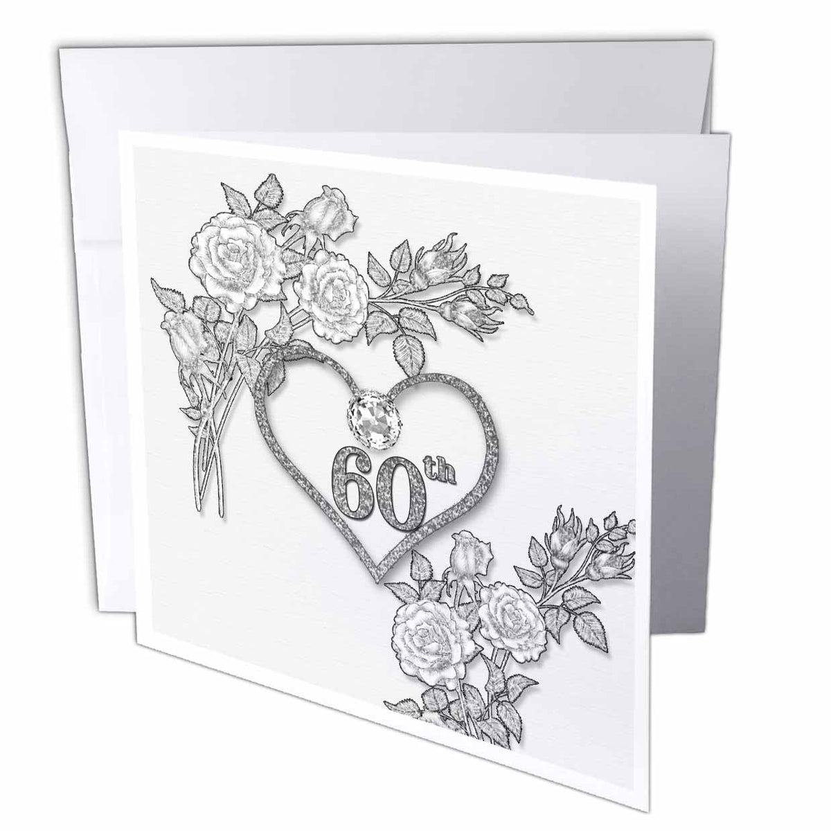 3dRose Doreen Erhardt Wedding Collection - 60th Diamond Wedding Anniversary Word Art with Heart on Linen White - Greeting Cards