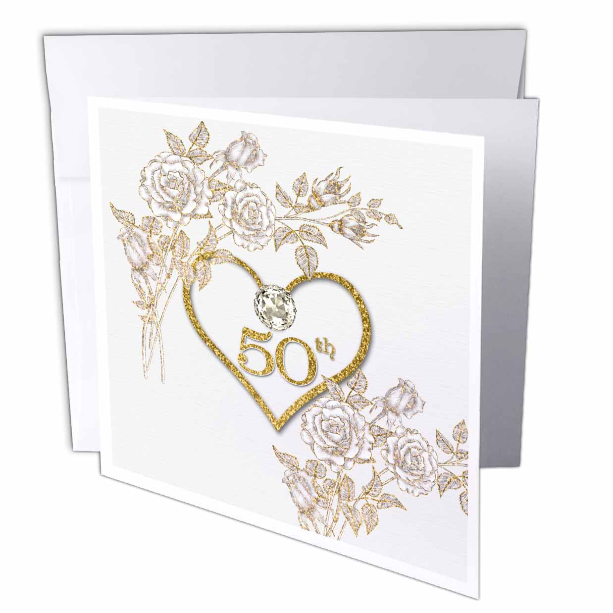 3dRose Doreen Erhardt Wedding Collection - 50th Golden Wedding Anniversary in Faux Gold Glitter Heart on White - Greeting Cards