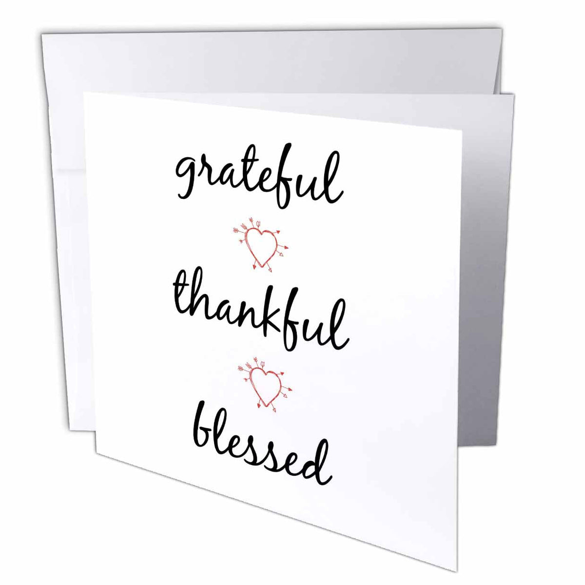 3dRose Xander inspirational quotes - Grateful, thankful, blessed, black letters with picture of hearts - Greeting Cards