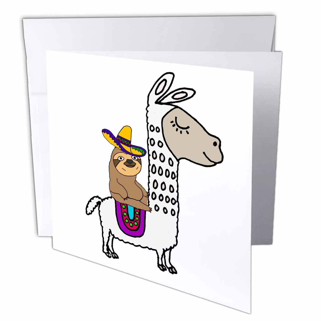 3dRose All Smiles Art Animals - Funny Cute Sloth with Sombrero Riding White Llama Cartoon - Greeting Cards