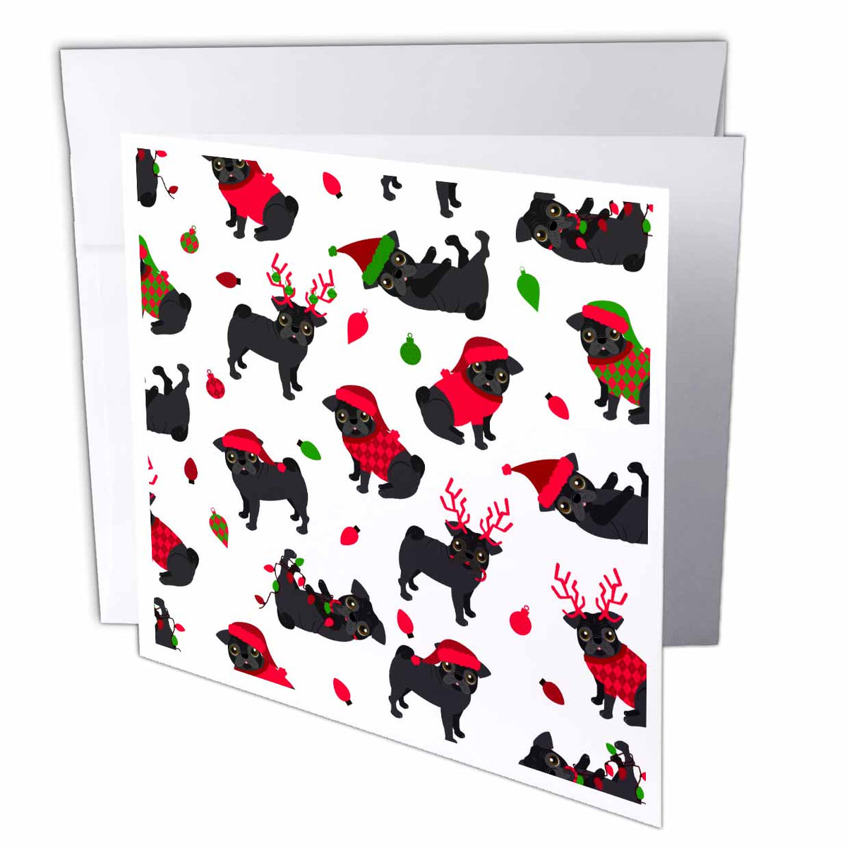 3dRose Janna Salak Designs Dogs - Black Pugs Christmas Pattern - Greeting Cards (gc_341361)