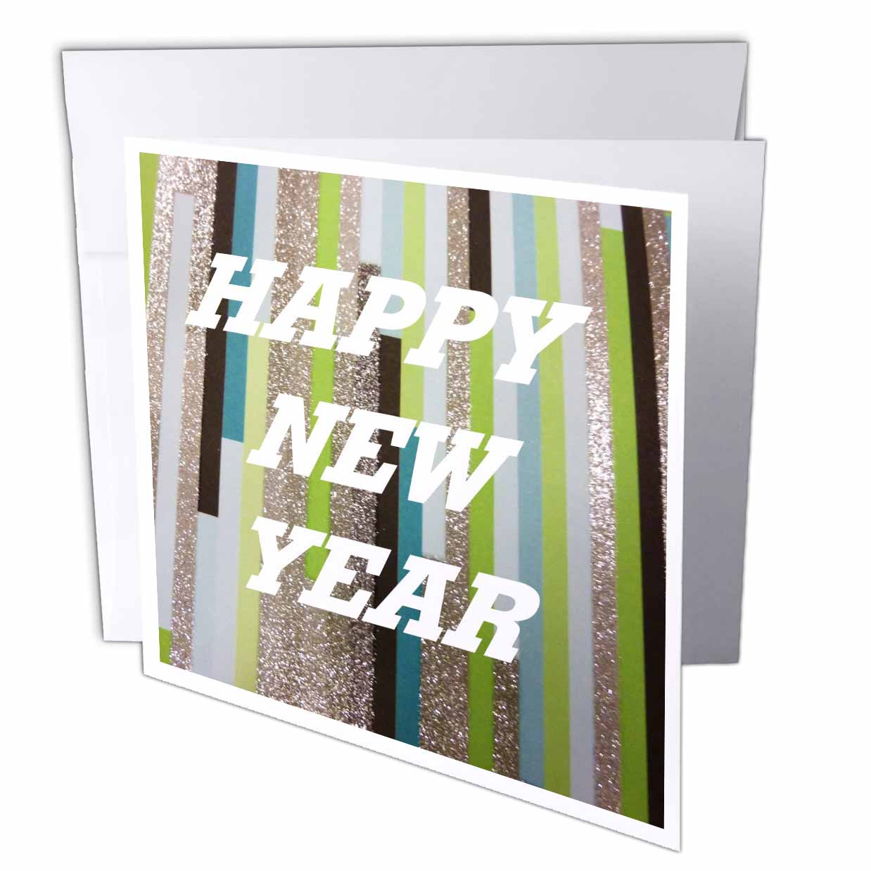 3dRose Florene Holiday Graphic - Black White Lime and Silver Happy New Year - Greeting Cards (gc_35121)