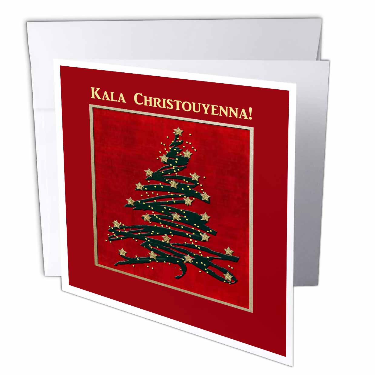 3dRose Beverly Turner Christmas Other Languages - Kala Christouyenna, Merry Christmas in Greek, Christmas Tree on Red - Greeting Cards (gc_37022)