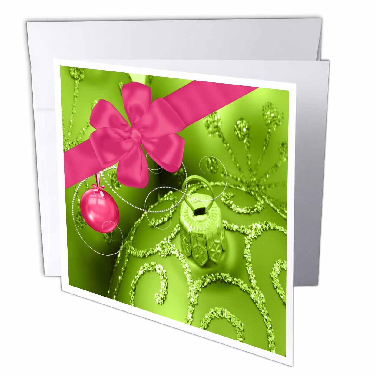 3dRose Doreen Erhardt Christmas Collection - Green Christmas Ornaments with Pink Bow - Greeting Cards (gc_52300)