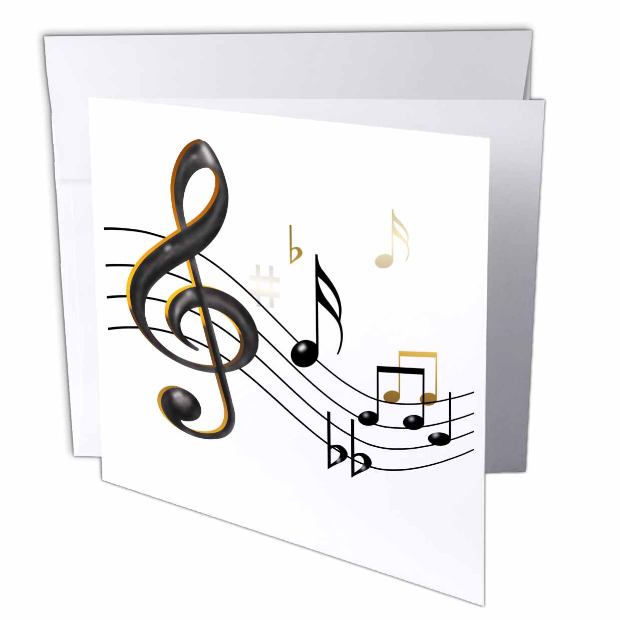3dRose 777images Designs Graphic Design Music - Music notes Clef, sixteenth, quarter notes, beamed notes, flats and sharps in black and gold - Greeting Cards (gc_55502)