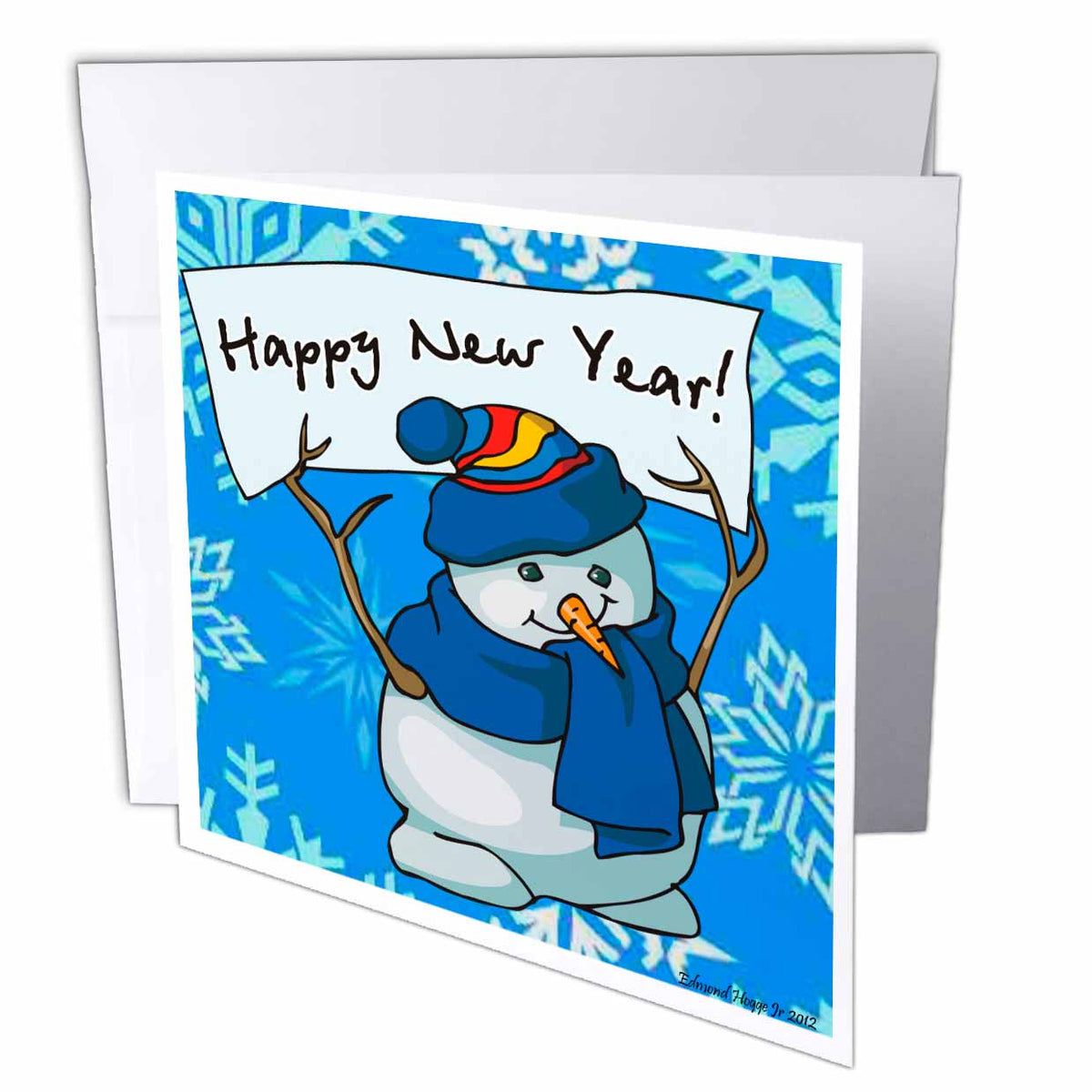 3dRose Edmond Hogge Jr Christmas - Happy New Year Snowman With Snowflake Background - Greeting Cards (gc_61184)
