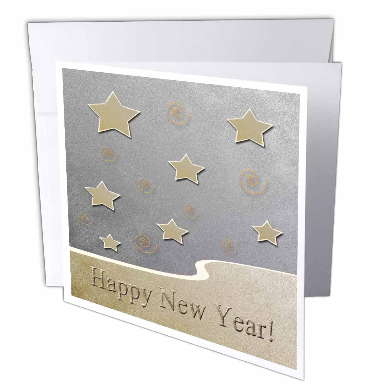 3dRose Beverly Turner New Years - Stars and Curls, Happy New Year, Silver and Gold - Greeting Cards (gc_62802)
