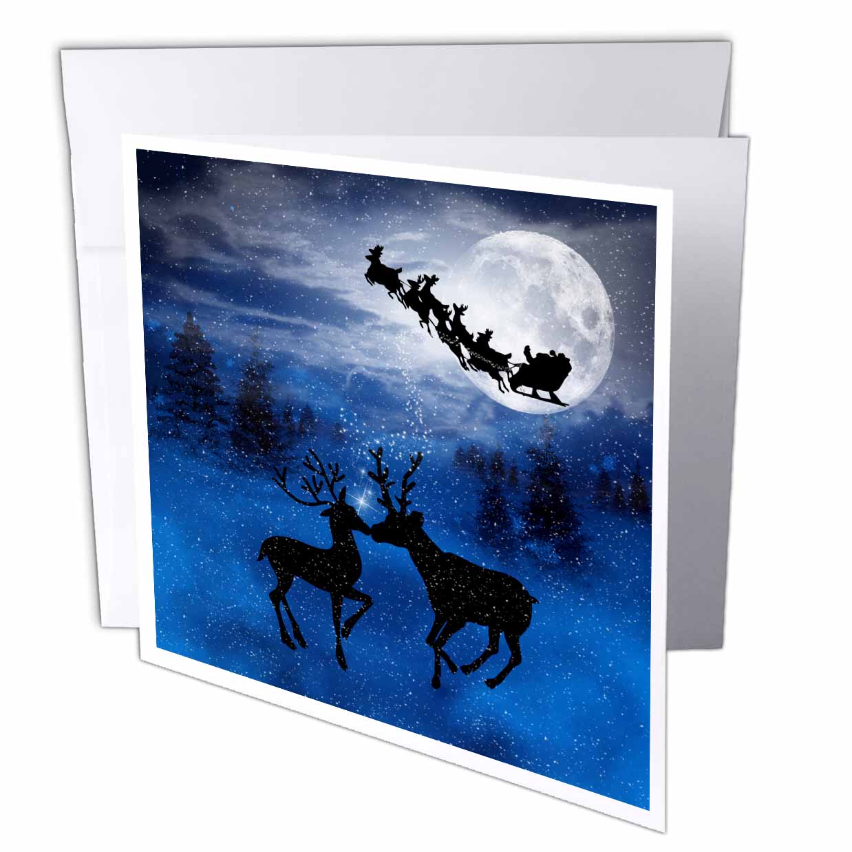 Doreen Erhardt Christmas Collection - Romantic Christmas Reindeer Kissing in the Snow with a Winter Moon shining on the Forest - Greeting Cards