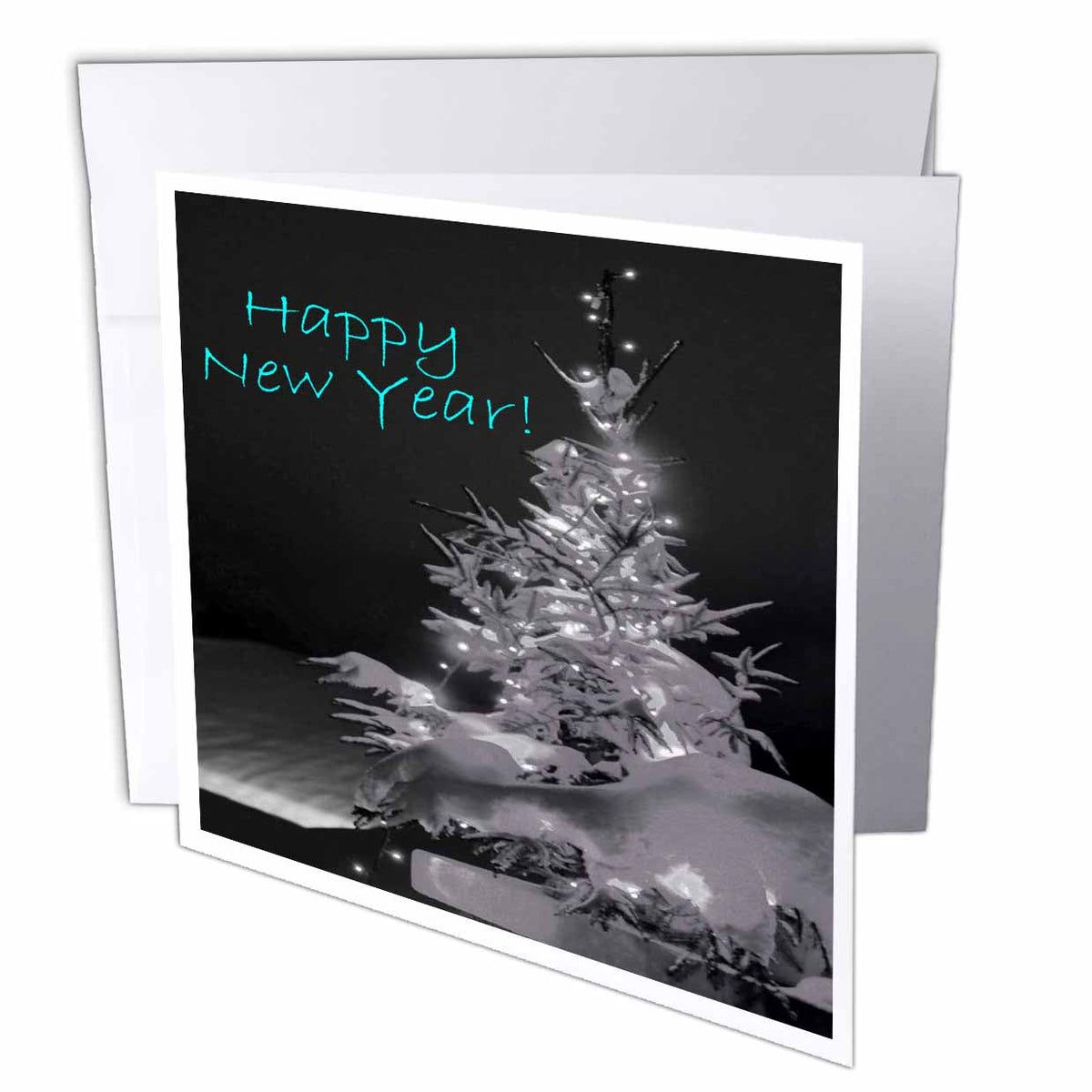 Yves Creations Pretty Christmas Tree - Pretty Christmas Tree Happy New Year in Black and White With Light Blue Text - Greeting Cards