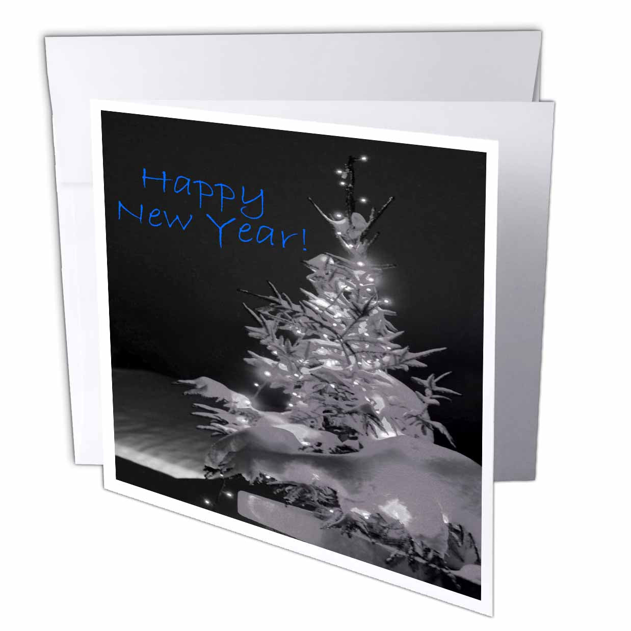Yves Creations Pretty Christmas Tree - Pretty Christmas Tree Happy New Year in Black and White With Blue Text - Greeting Cards