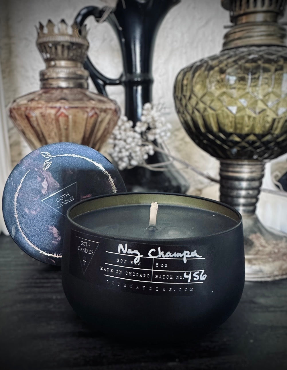 Nag Champa Black Soy Candle – Goth Candles 8oz Tin