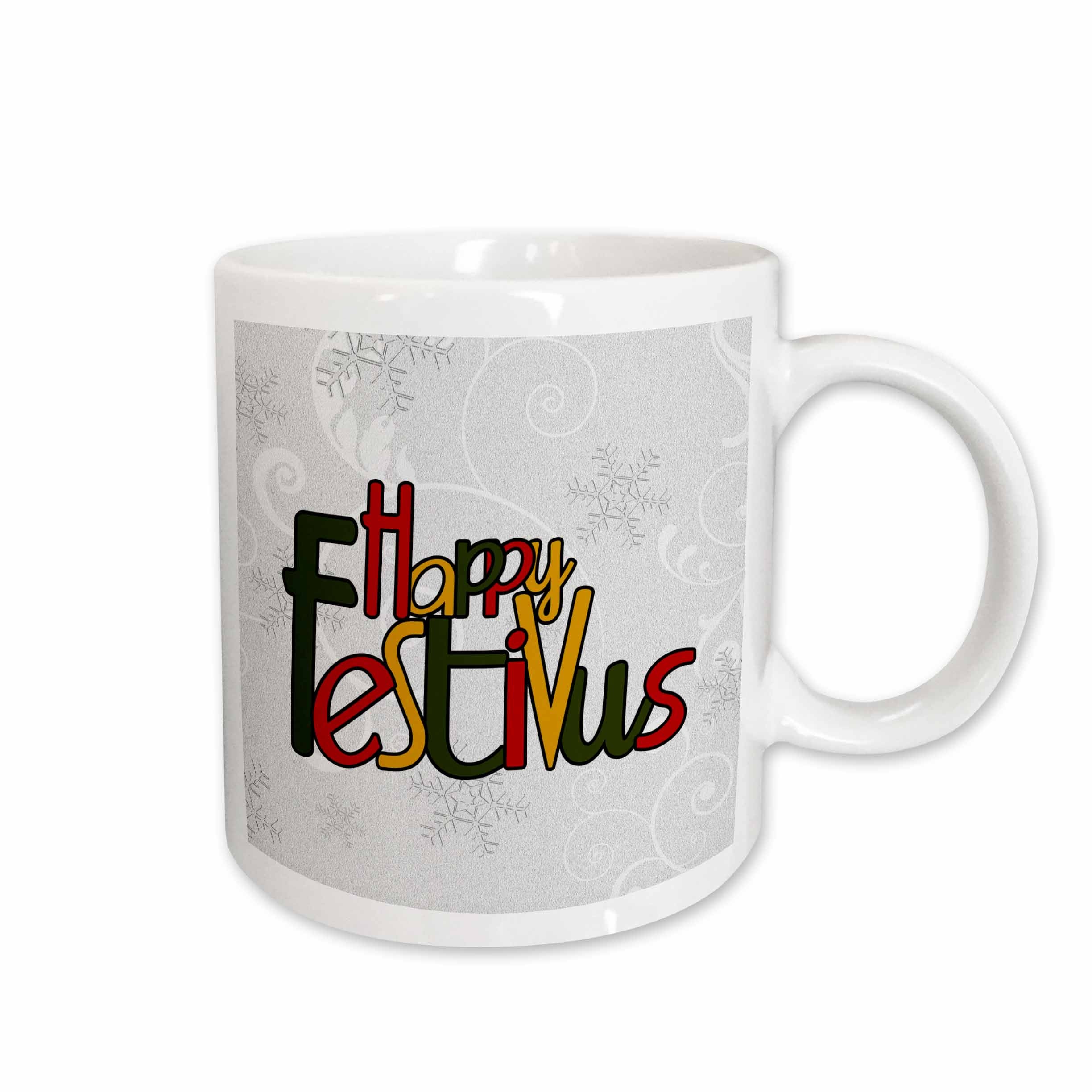 3dRose Happy Festivus Red, Gold, Green, Snowflake Background Silver, White - Mugs (mug_101842)