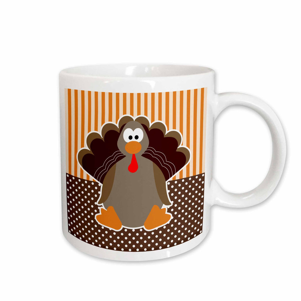 3dRose Cute Cartoon Turkey on Orange and Brown Pattern - Mugs (mug_110660)