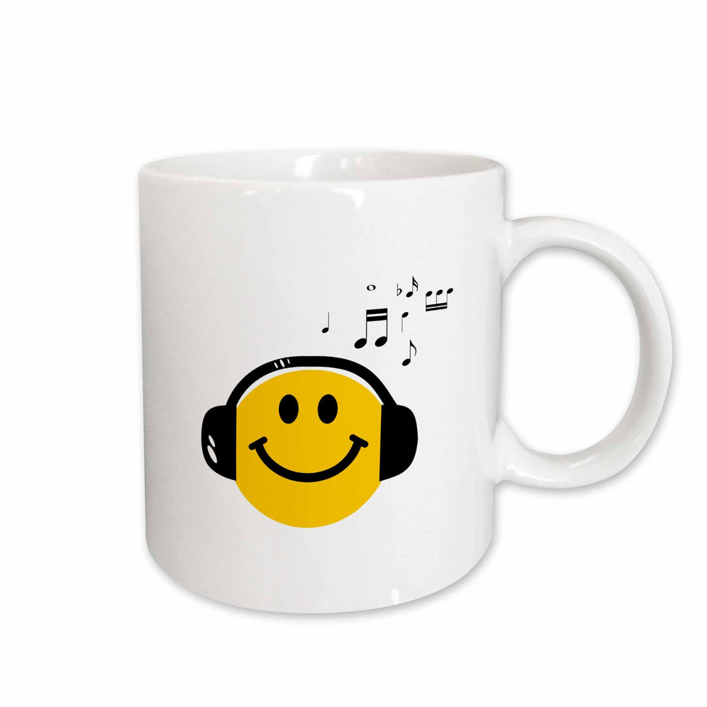 3dRose Music loving yellow smiling face with black headphones and musical notes... - Mugs (mug_112819)