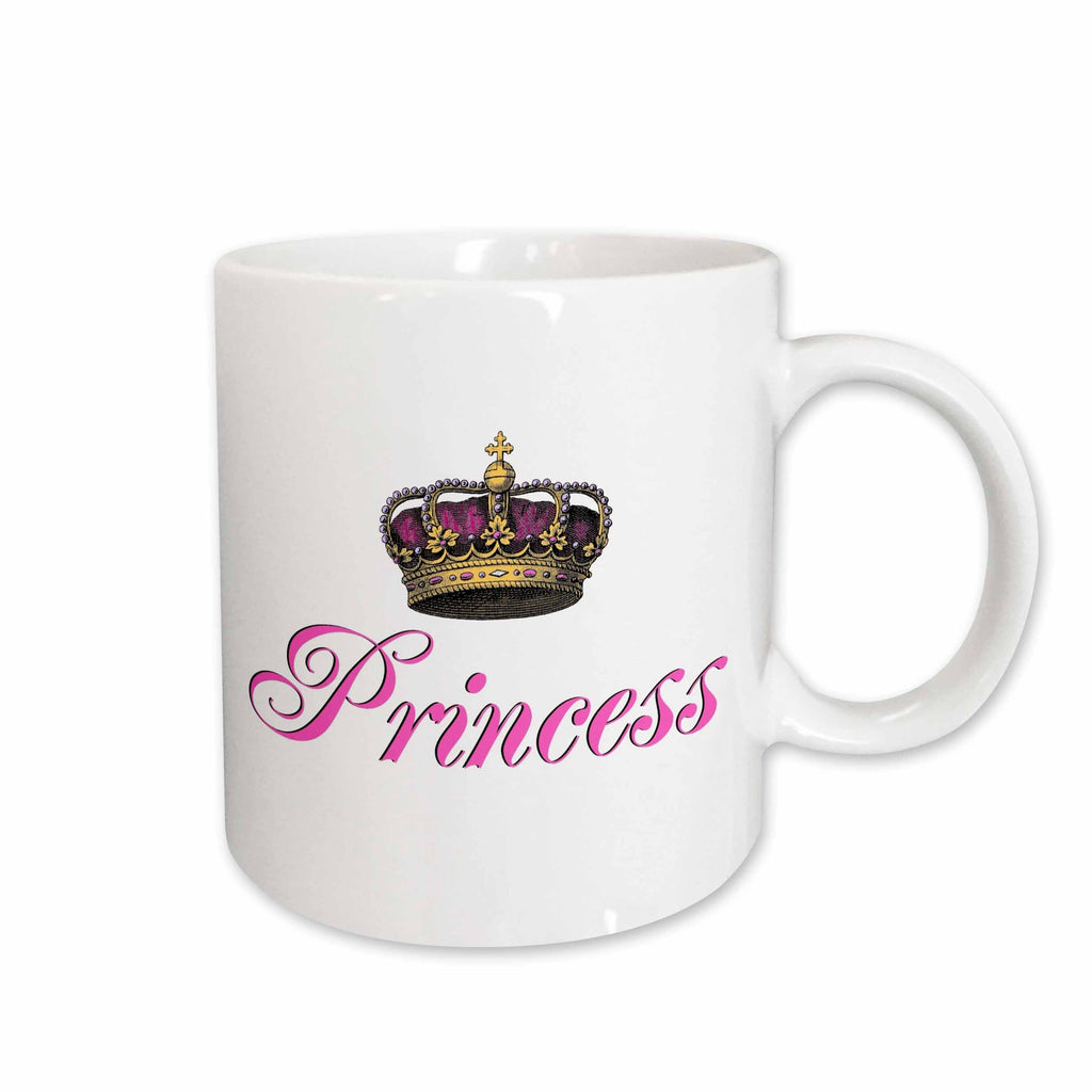 3dRose Princess - girly hot pink cursive script text with fancy royal crown... - Mugs (mug_112873)