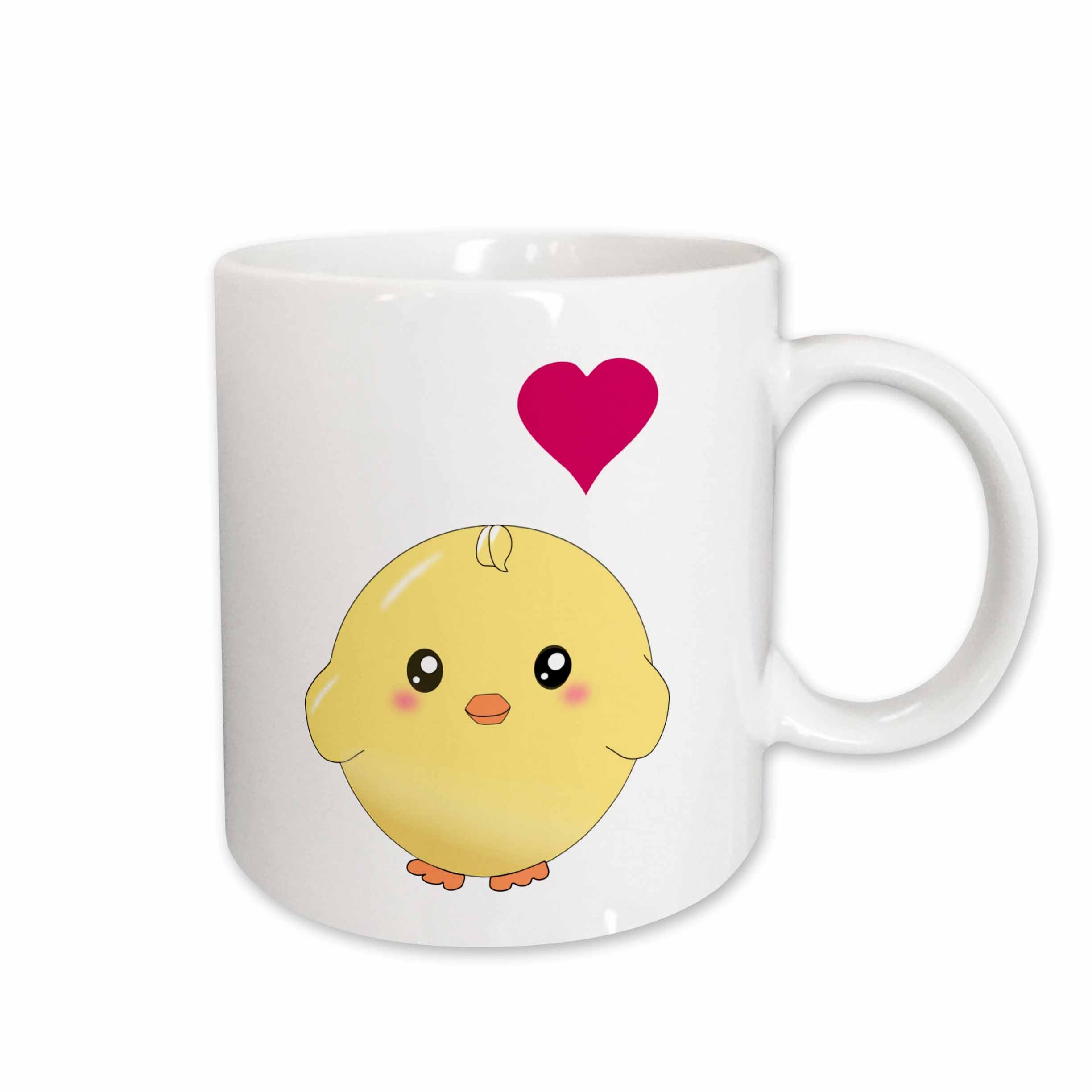 3dRose Cute yellow chick with red love heart - sweet kawaii anime cartoon -... - Mugs (mug_112902)