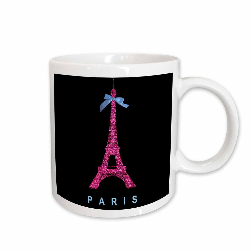 3dRose Hot Pink Paris Eiffel Tower from France with girly blue ribbon bow -... - Mugs (mug_112908)