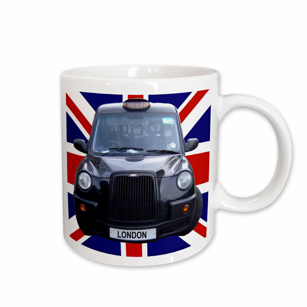 3dRose London Black Taxi Cab on British Flag union Jack background - UK Great... - Mugs (mug_113050)