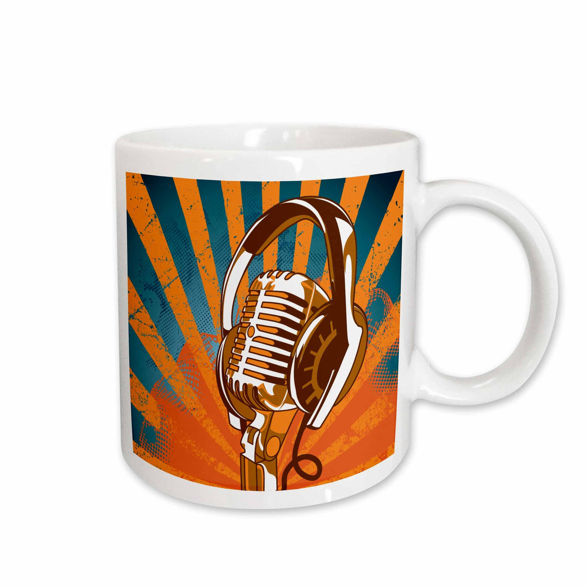 3dRose Vintage Mic Microphone And Headphones On Grunge Halftone Rays Background... - Mugs (mug_115374)