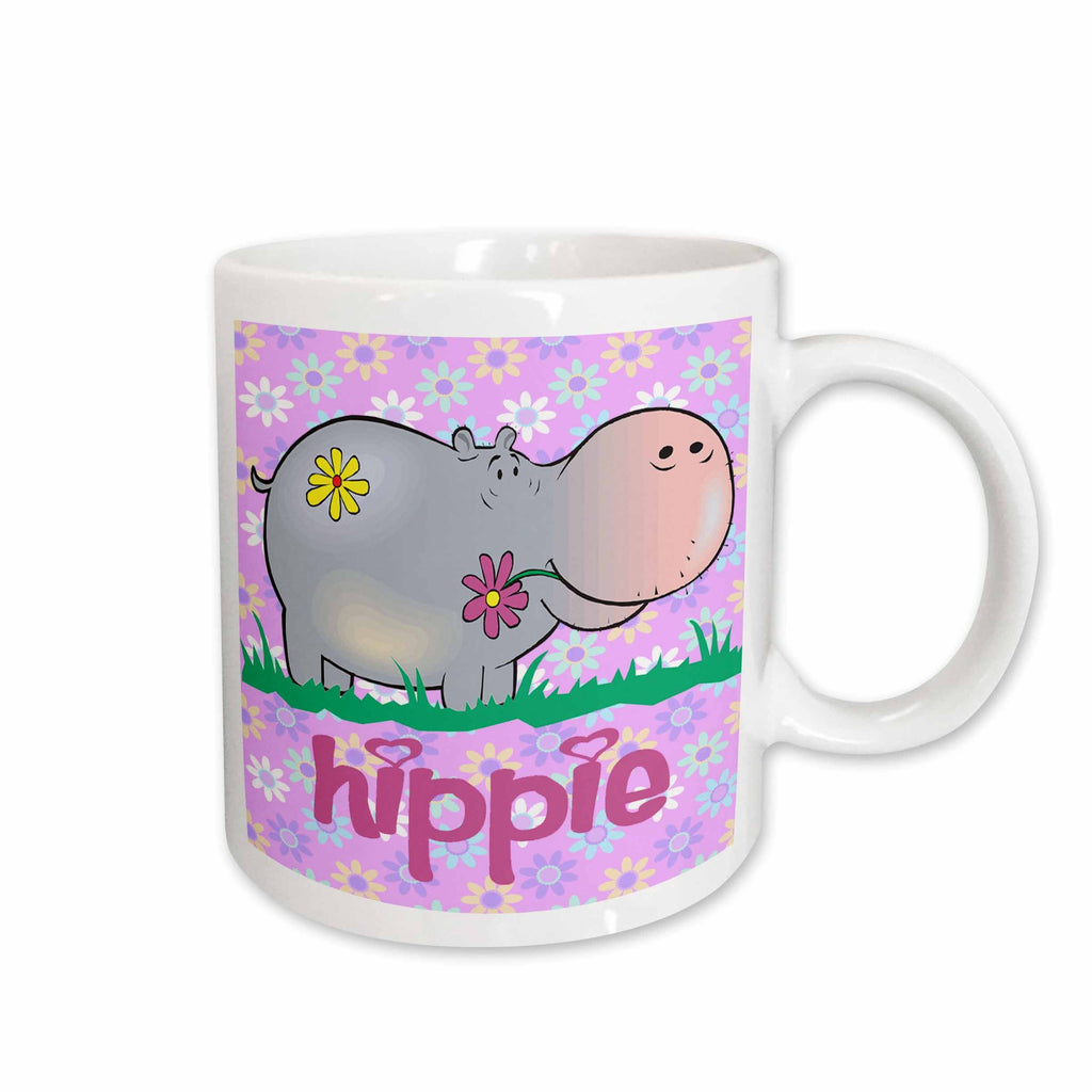 3dRose Cute Hippie Hippo Hippopotamus With Hippie Flowers Background Cartoon... - Mugs (mug_116340)