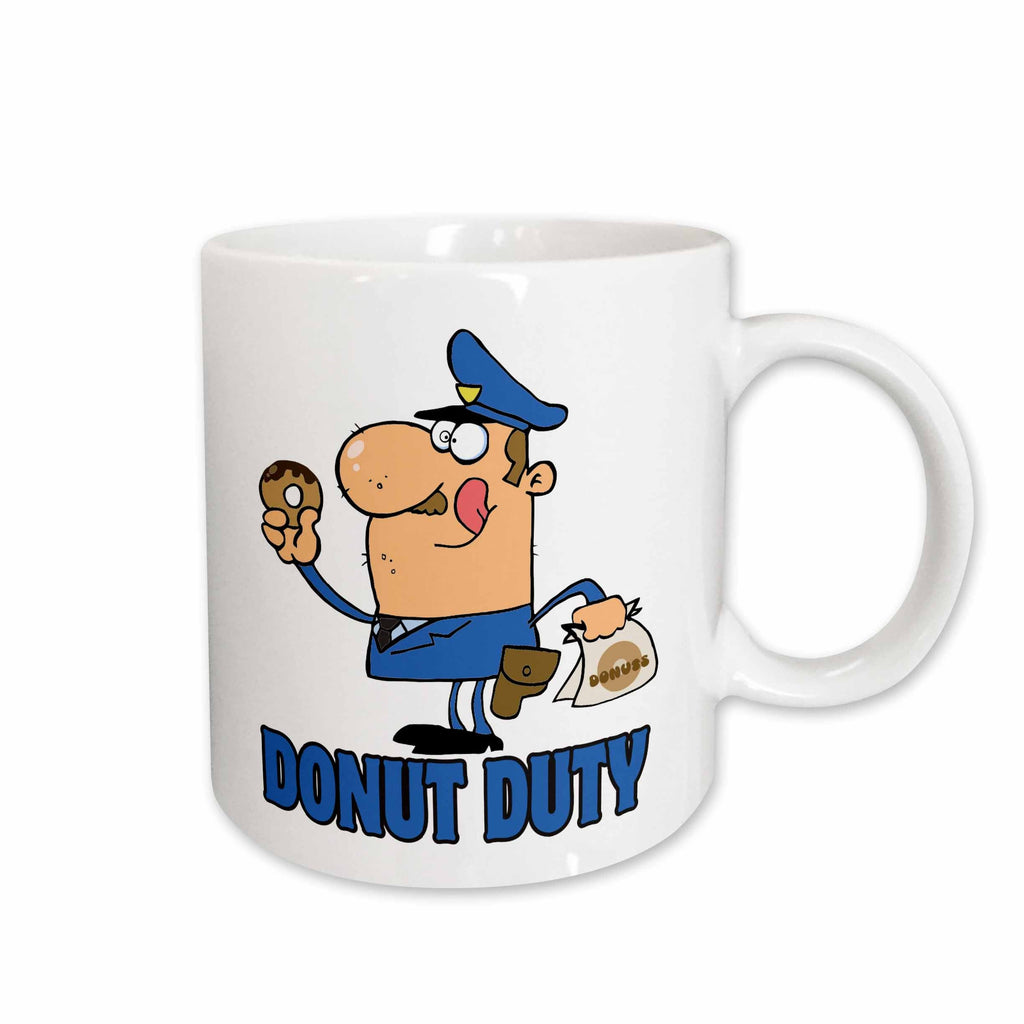 3dRose Funny Cartoon Police Officer On Donut Duty - Mugs (mug_118656)