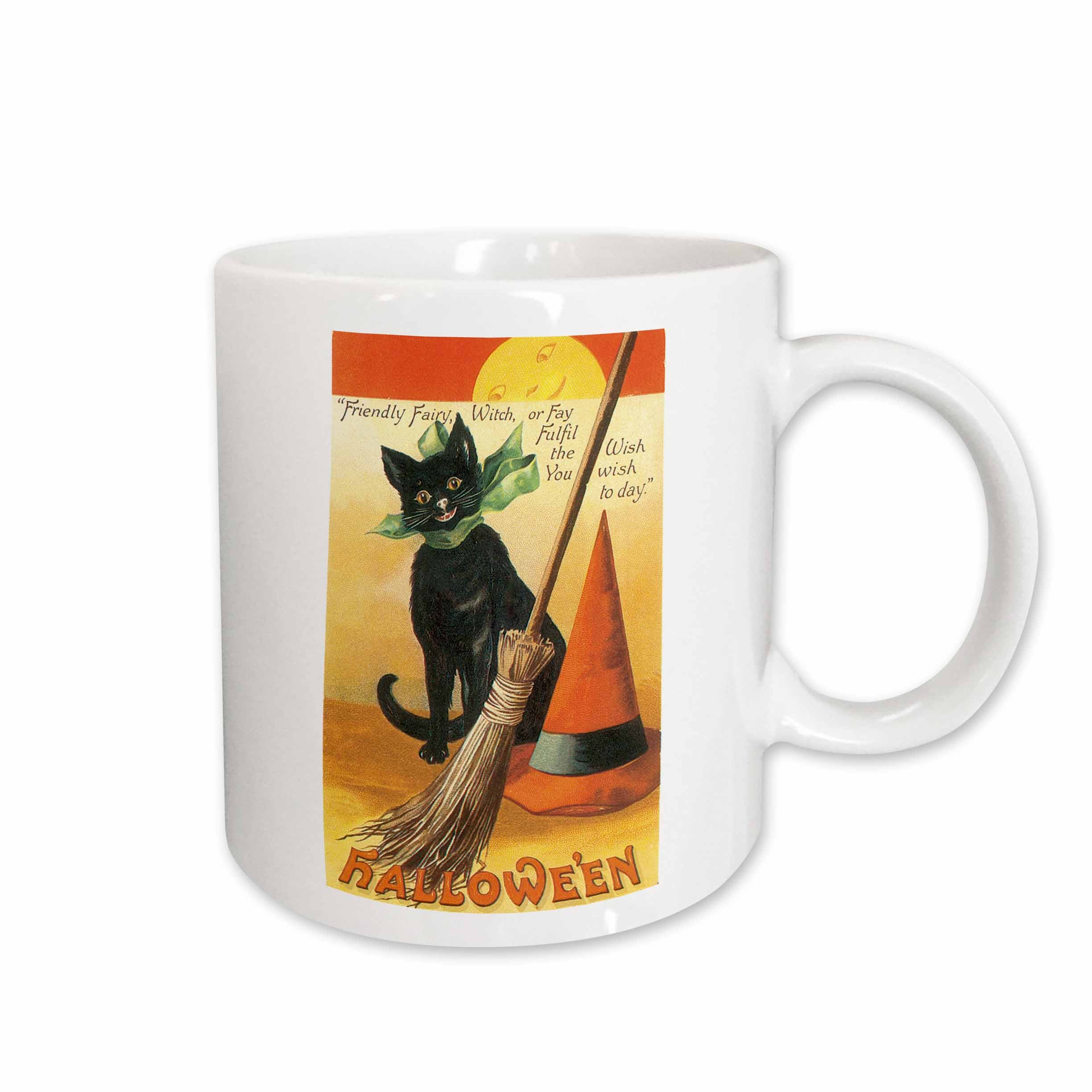 3dRose BLN Vintage Halloween - Vintage Halloween Black Cat Broom and Witchs Hat - Mugs (mug_126143)
