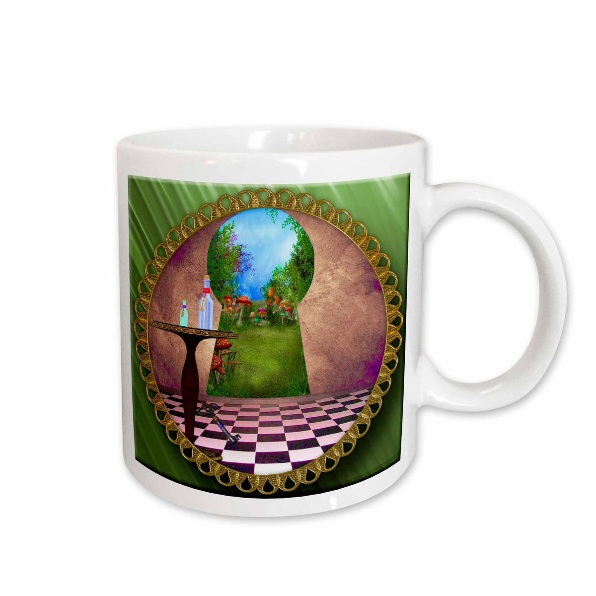 3dRose Through the keyholes Alice In Wonderland art checkered floor bottle of... - Mugs (mug_128860)