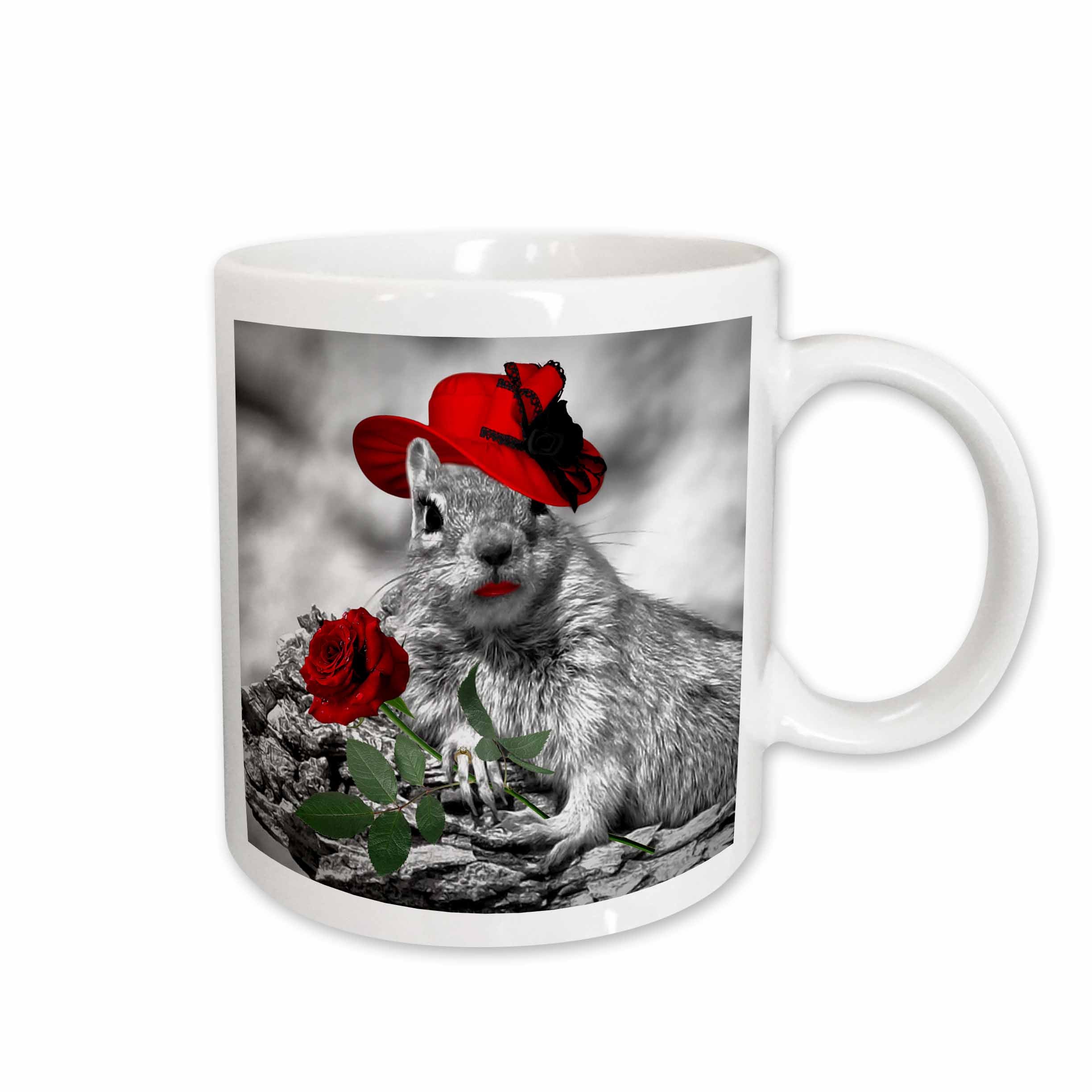 3dRose Sweet lady squirrel in a red hat with a red rose is adorable in this... - Mugs (mug_150175)