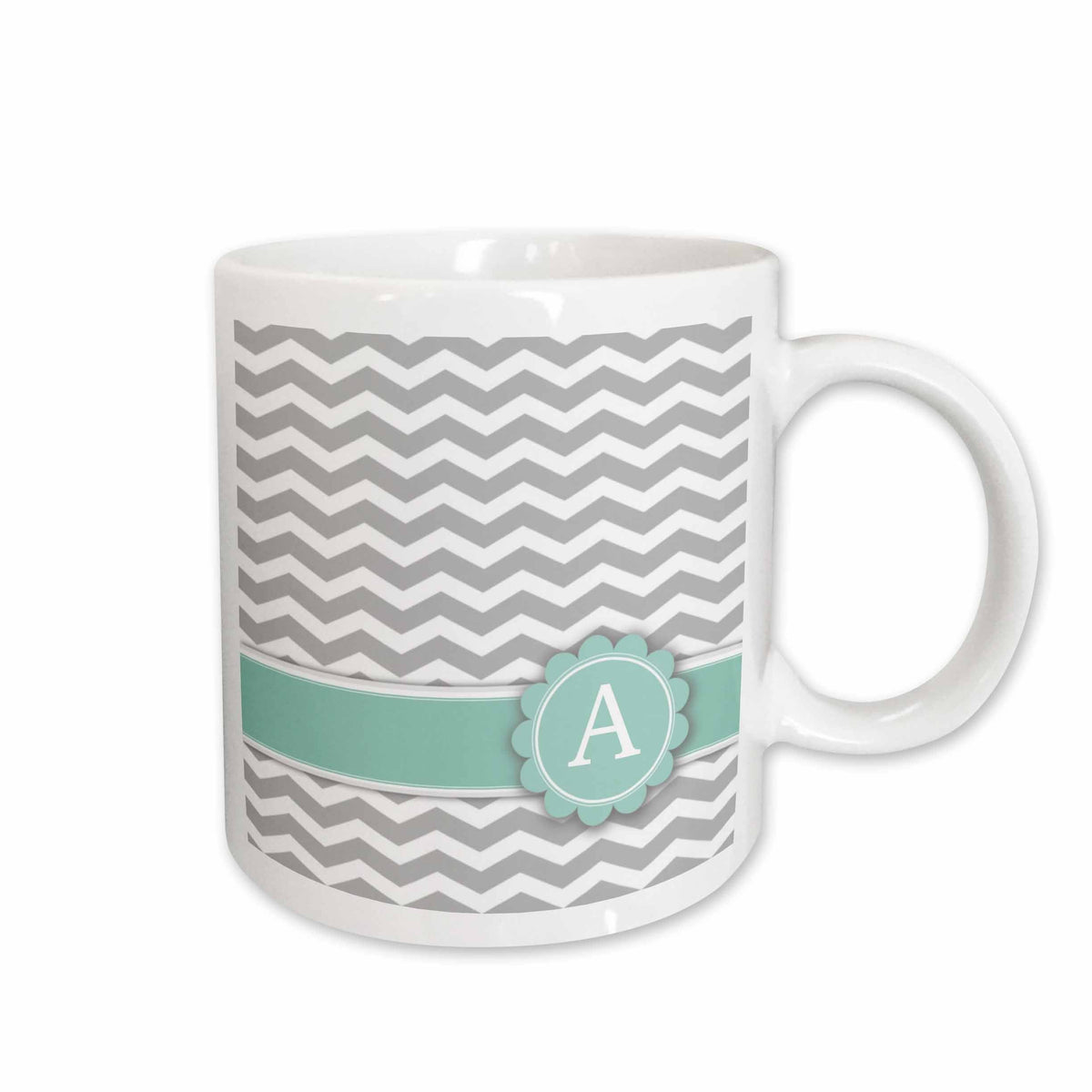 3dRose Letter A monogram on grey and white chevron with mint - gray zigzags -... - Mugs (mug_154220)