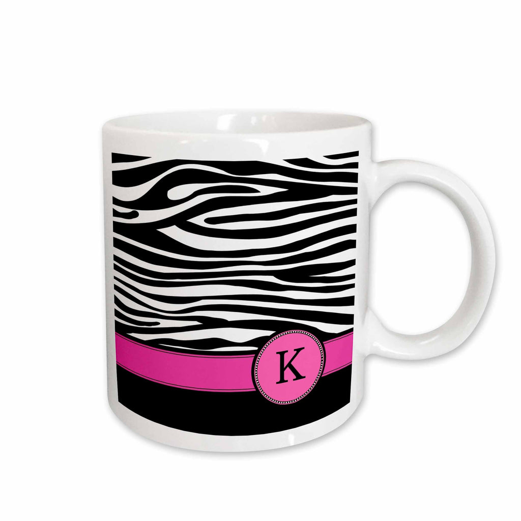 3dRose Letter K monogrammed black and white zebra stripes animal print with hot... - Mugs (mug_154282)