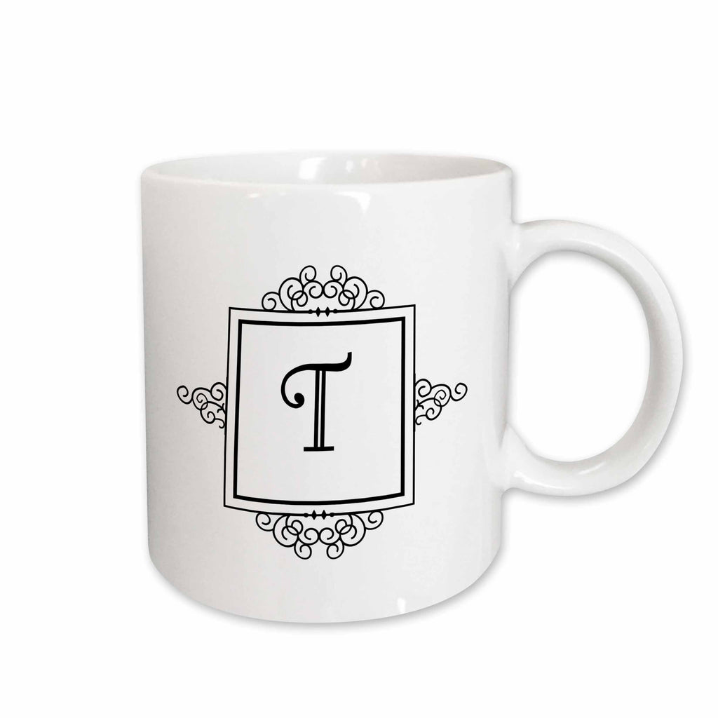 3dRose Initial letter T personal monogrammed fancy black and white typography... - Mugs (mug_154343)