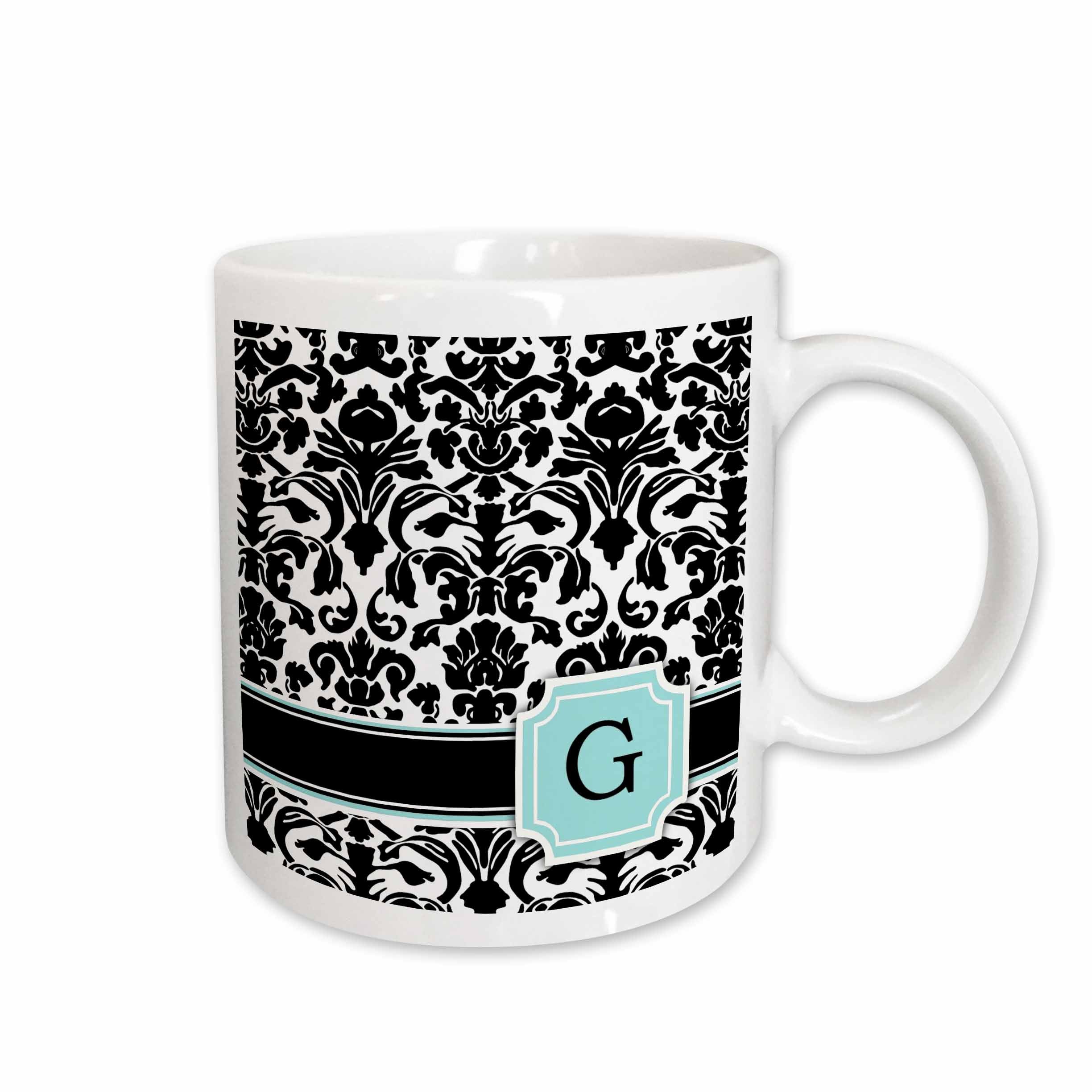 3dRose Letter G personal monogrammed mint blue black and white damask pattern -... - Mugs (mug_154356)