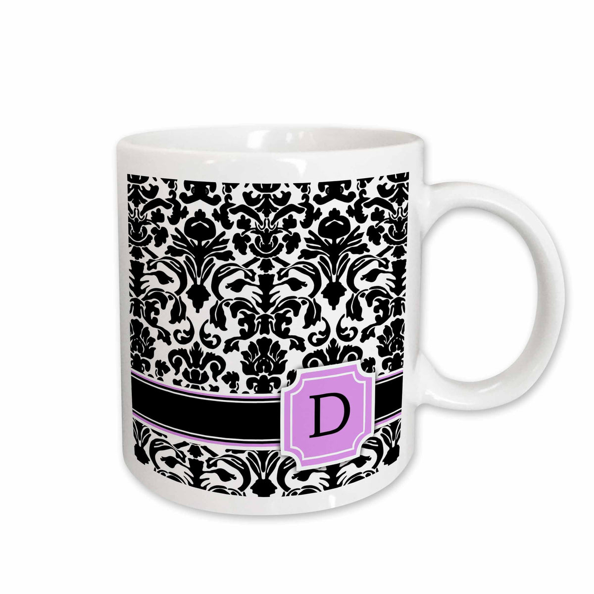 3dRose Personal initial D monogrammed pink black and white damask pattern girly... - Mugs (mug_154379)
