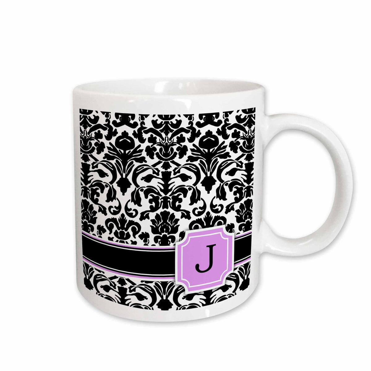 3dRose Personal initial J monogrammed pink black and white damask pattern girly... - Mugs (mug_154385)
