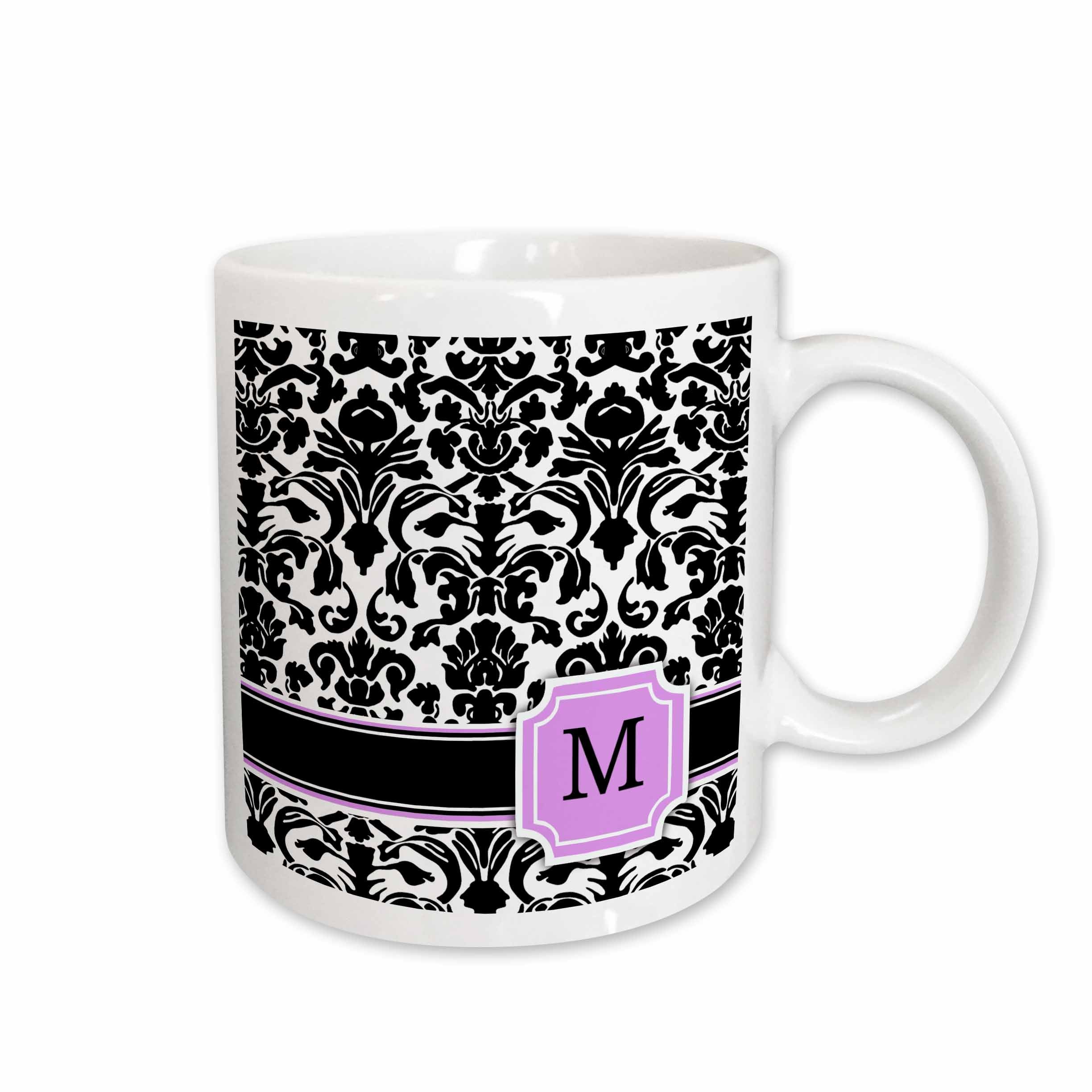 3dRose Personal initial M monogrammed pink black and white damask pattern girly... - Mugs (mug_154388)