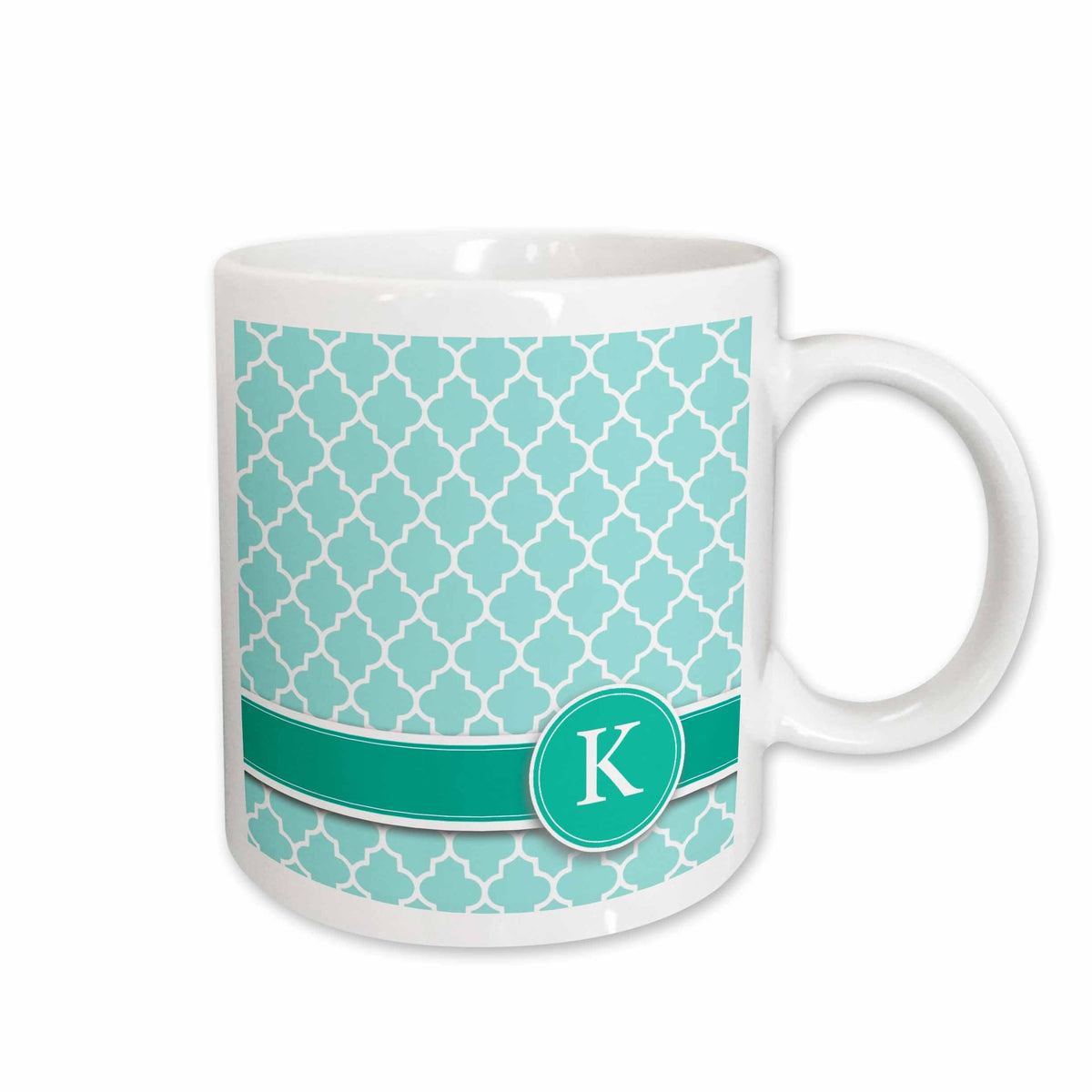 3dRose Personalized letter K aqua blue quatrefoil pattern Teal turquoise mint... - Mugs (mug_154551)