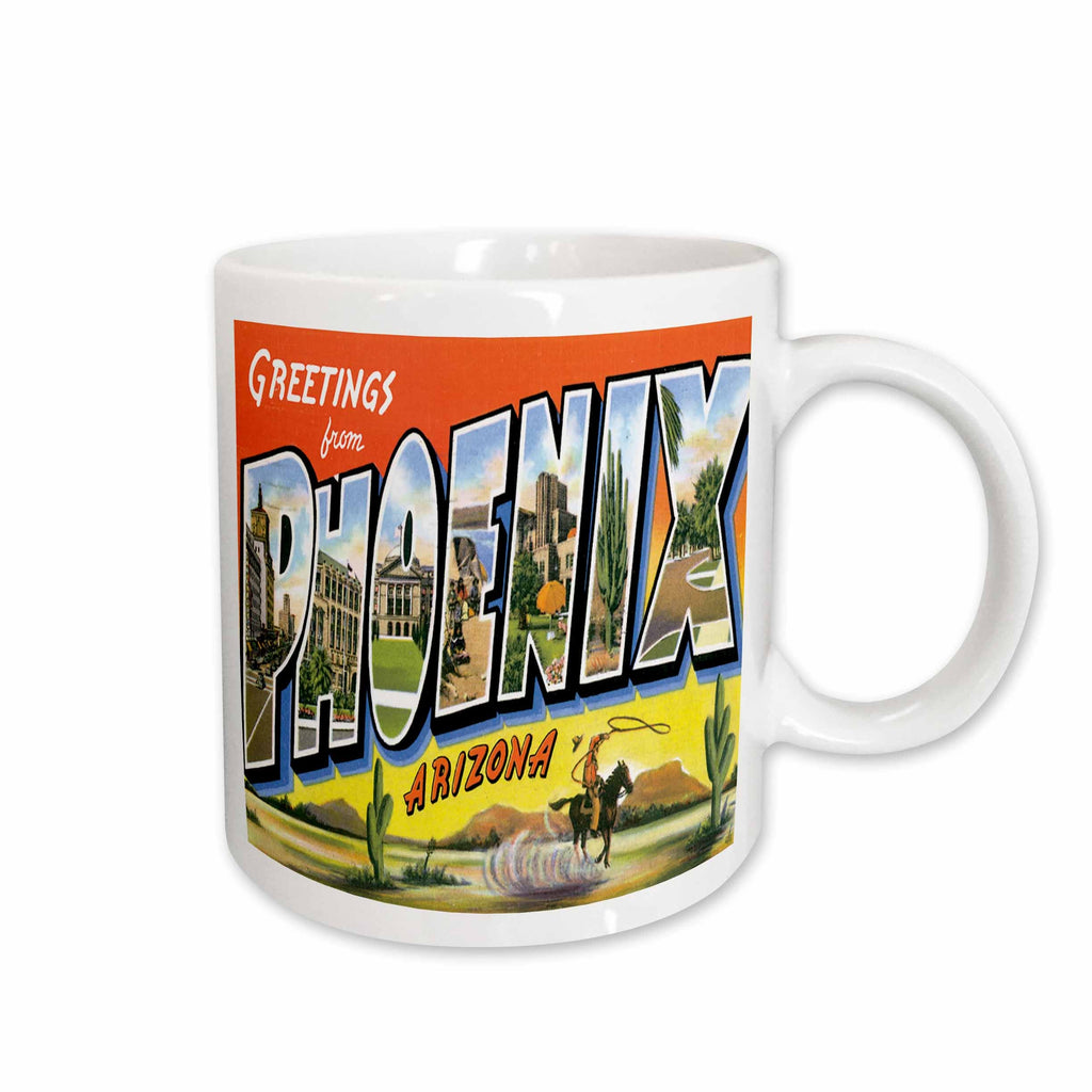 3dRose Greetings From Phoenix Arizona with Cowboy on a Horse with a Lasso and... - Mugs (mug_160716)