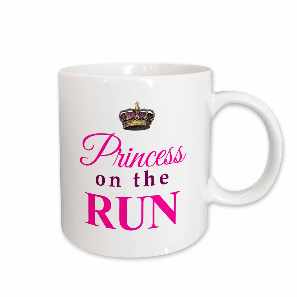 3dRose Princess on the Run. White Hot pink text gold crown - girly girl woman... - Mugs (mug_161534)