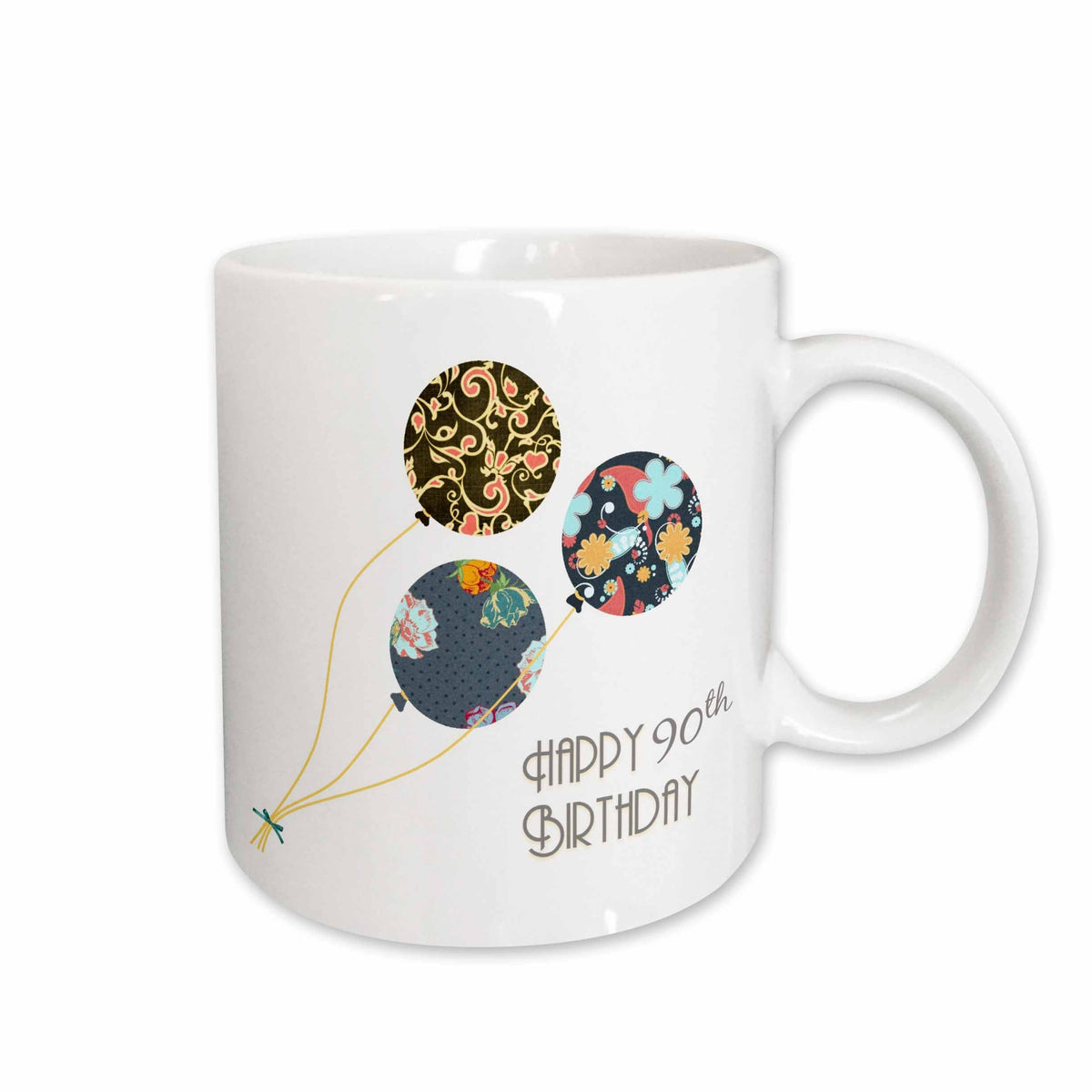 3dRose Happy 90th Birthday - Modern stylish floral Balloons. Elegant black... - Mugs (mug_162031)