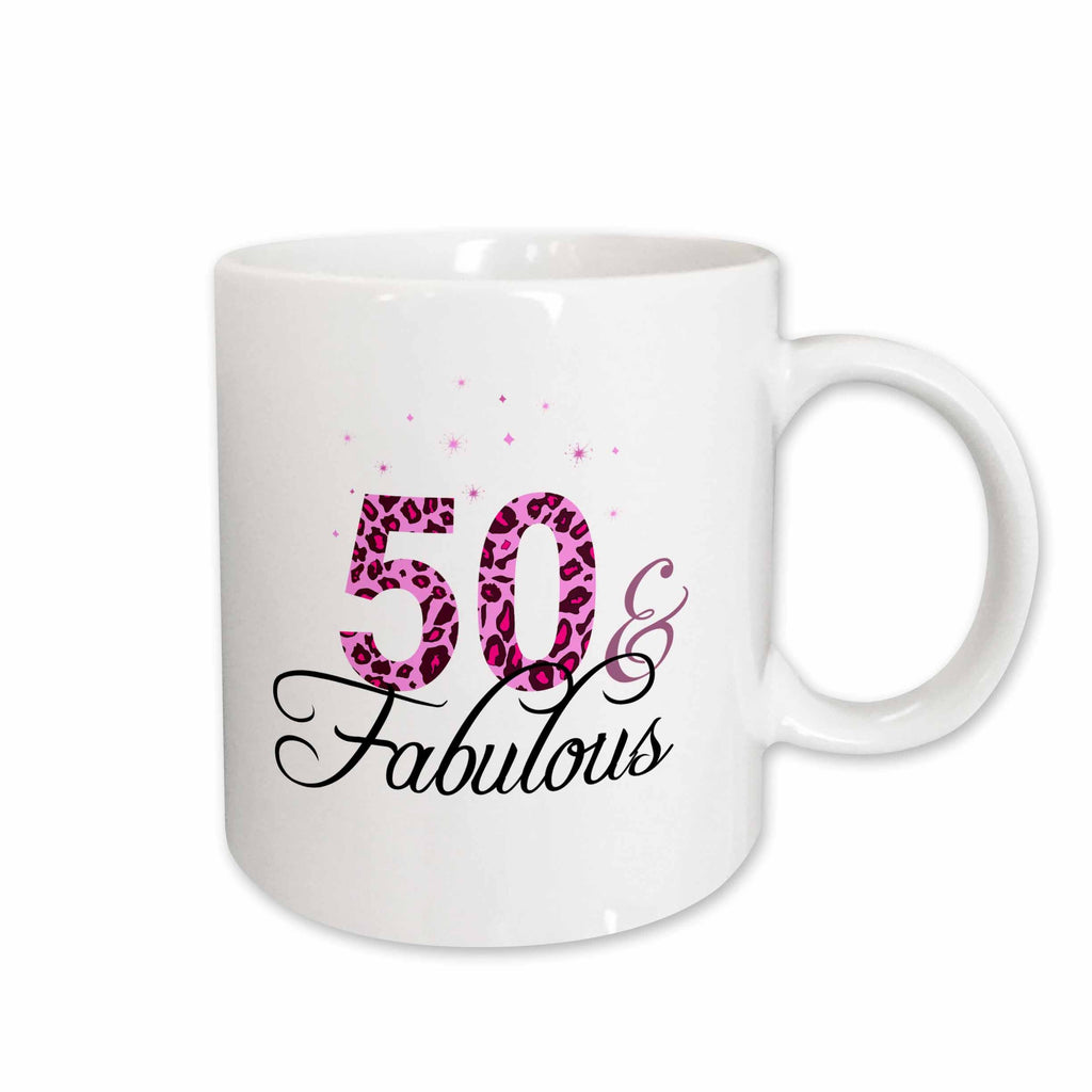 3dRose 50 and Fabulous - fun girly birthday gift - black and hot pink leopard... - Mugs (mug_162613)