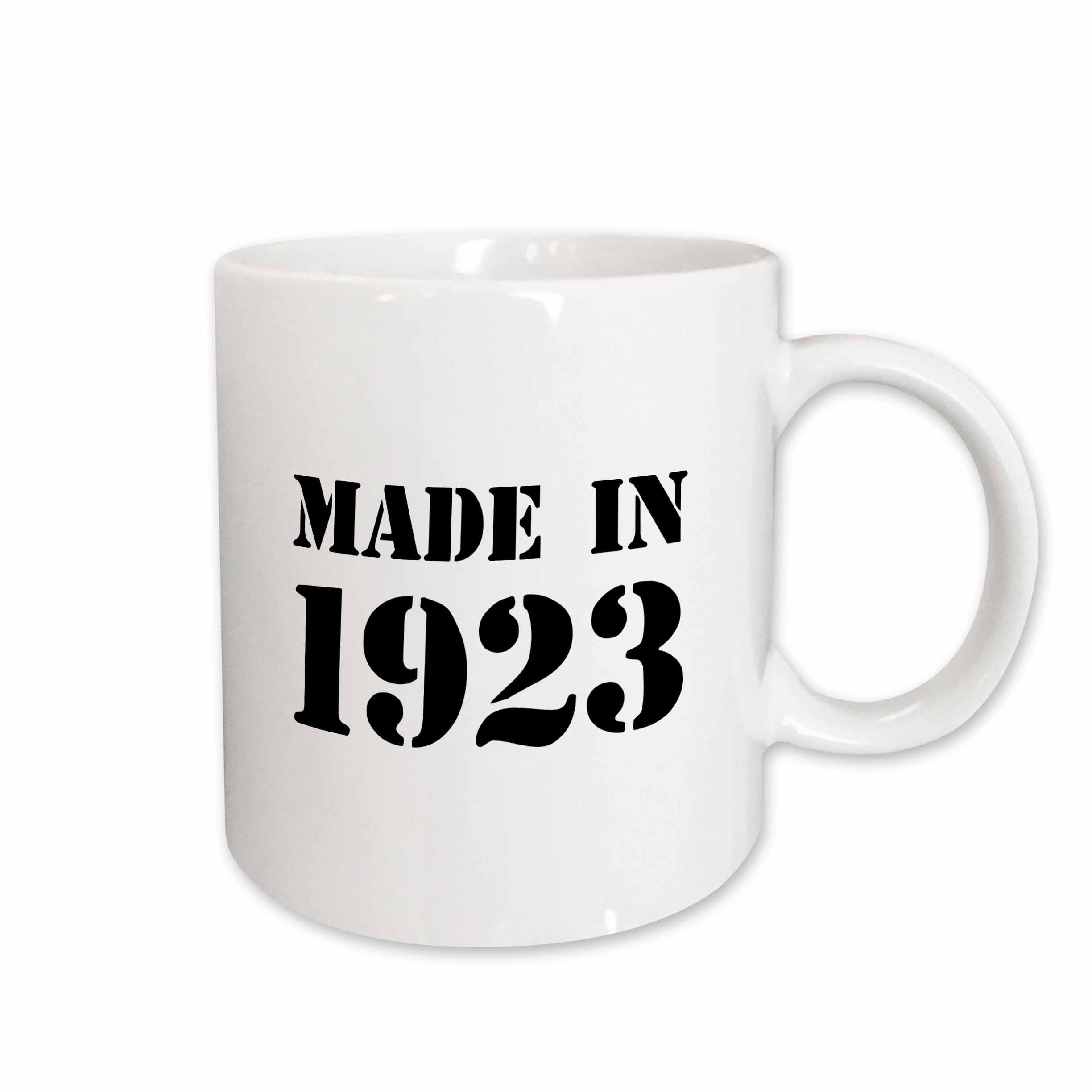 3dRose Made in 1923 - funny birthday birth year text - fun black bday stamp... - Mugs (mug_162689)