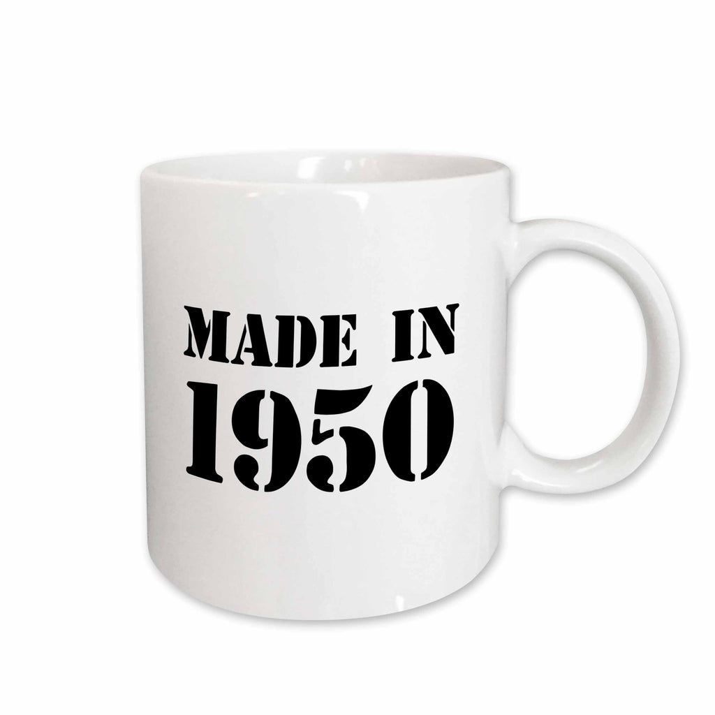 3dRose Made in 1950 - funny birthday birth year text - fun black bday stamp... - Mugs (mug_162716)