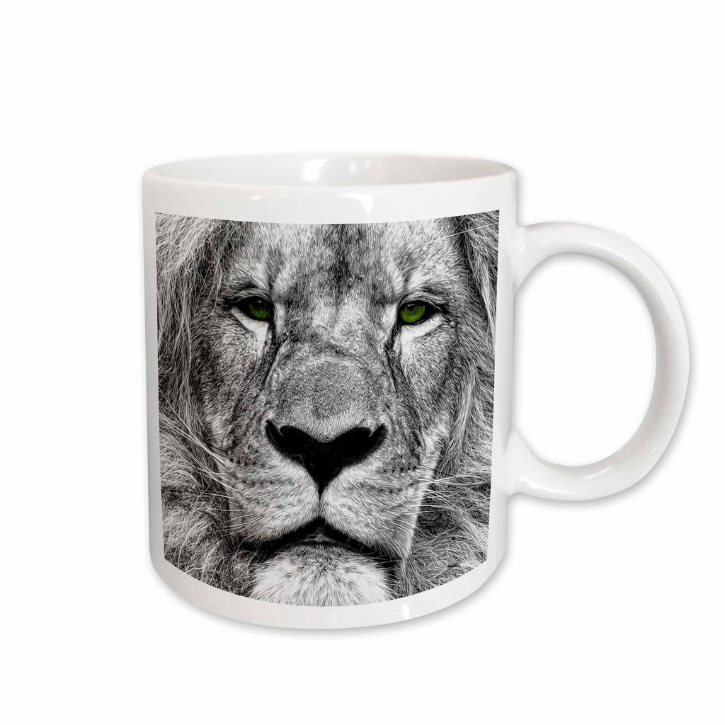 3dRose African Lion Digital Pencil Drawing with Green Eyes - Mugs (mug_164743)