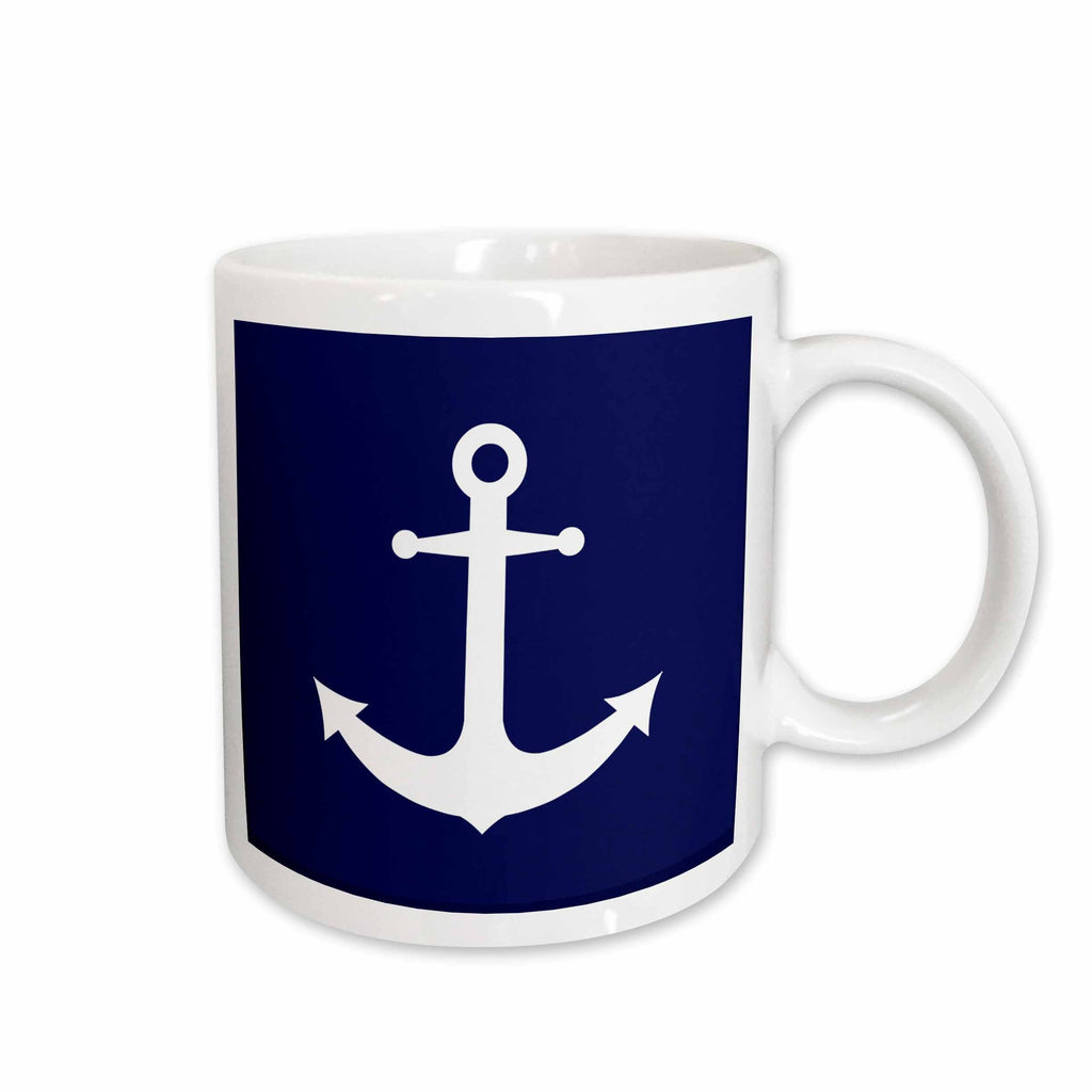 3dRose Janna Salak Designs Nautical - Navy Blue and White Nautical Anchor Design - Mugs (mug_165798)