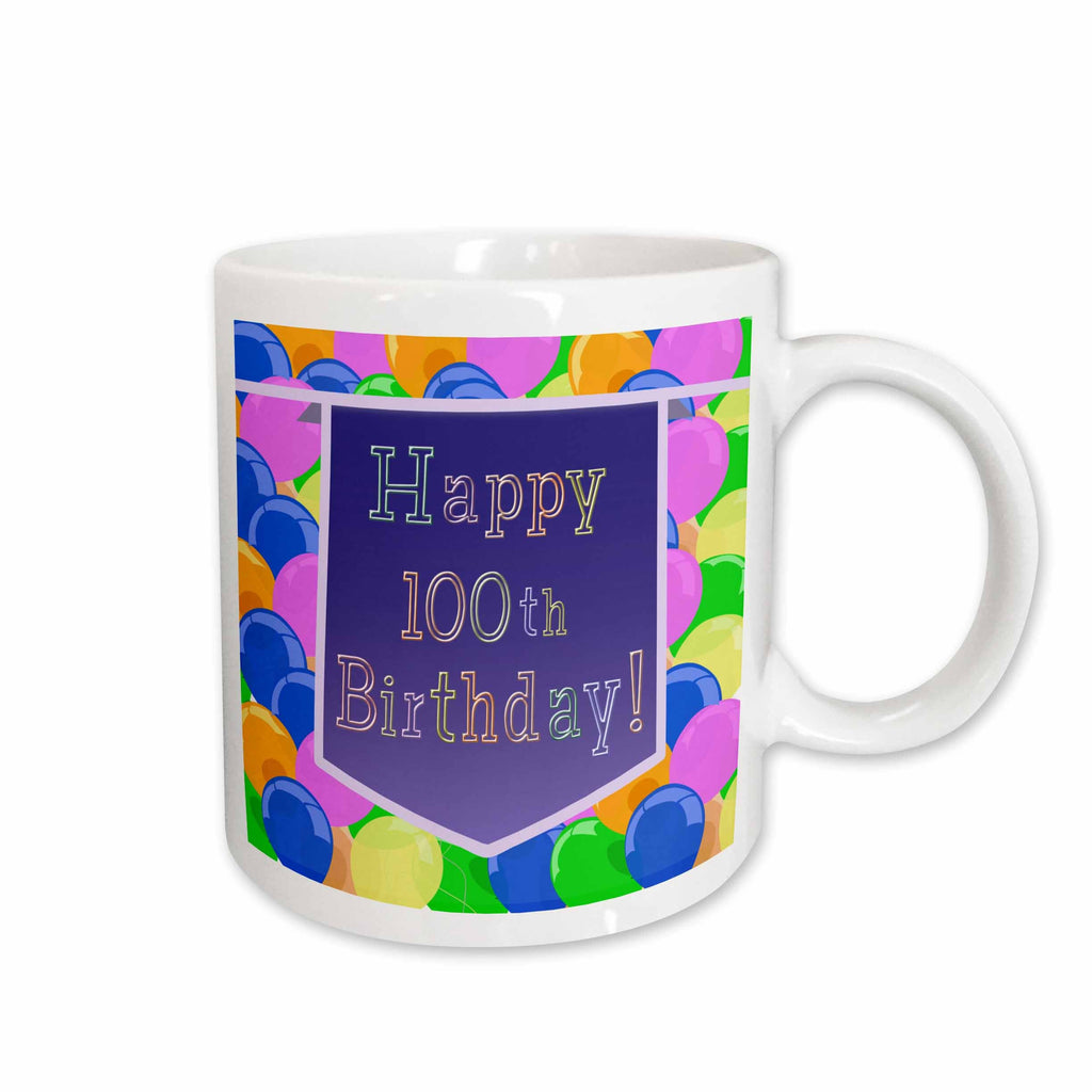 3dRose Balloons with Purple Banner Happy 100th Birthday - Mugs (mug_173071)