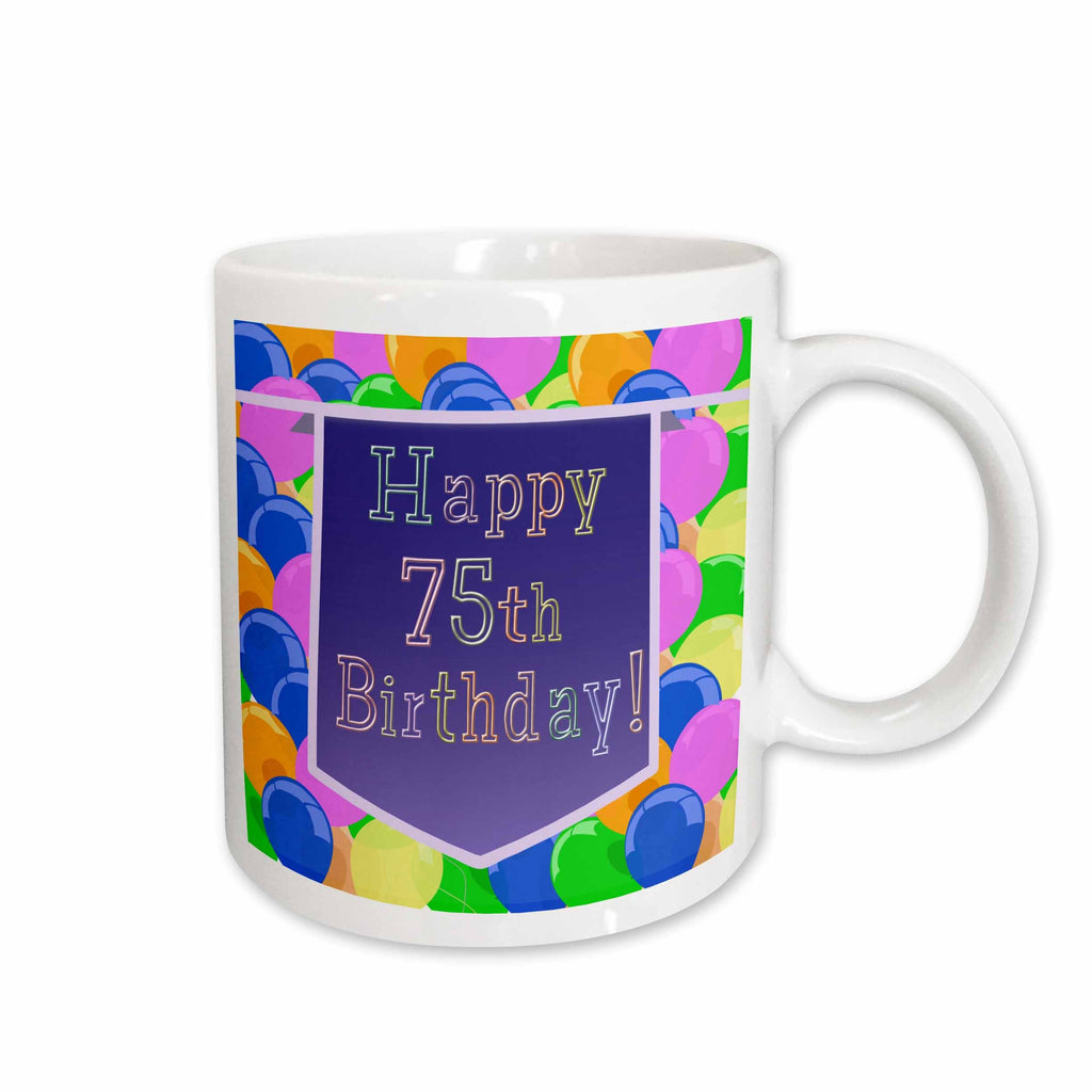 3dRose Balloons with Purple Banner Happy 75th Birthday - Mugs (mug_174847)