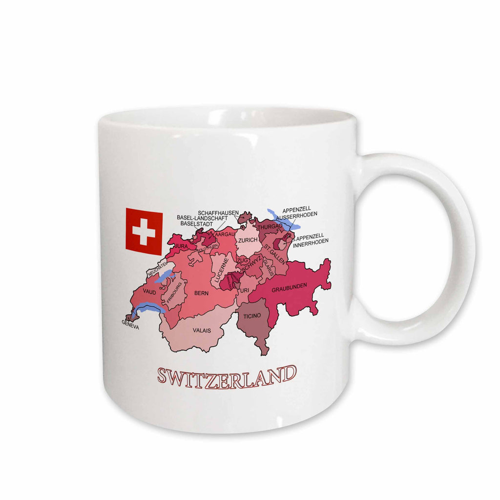 Flag and Map of Switzerland showing the Cantons in varied hues - Mugs
